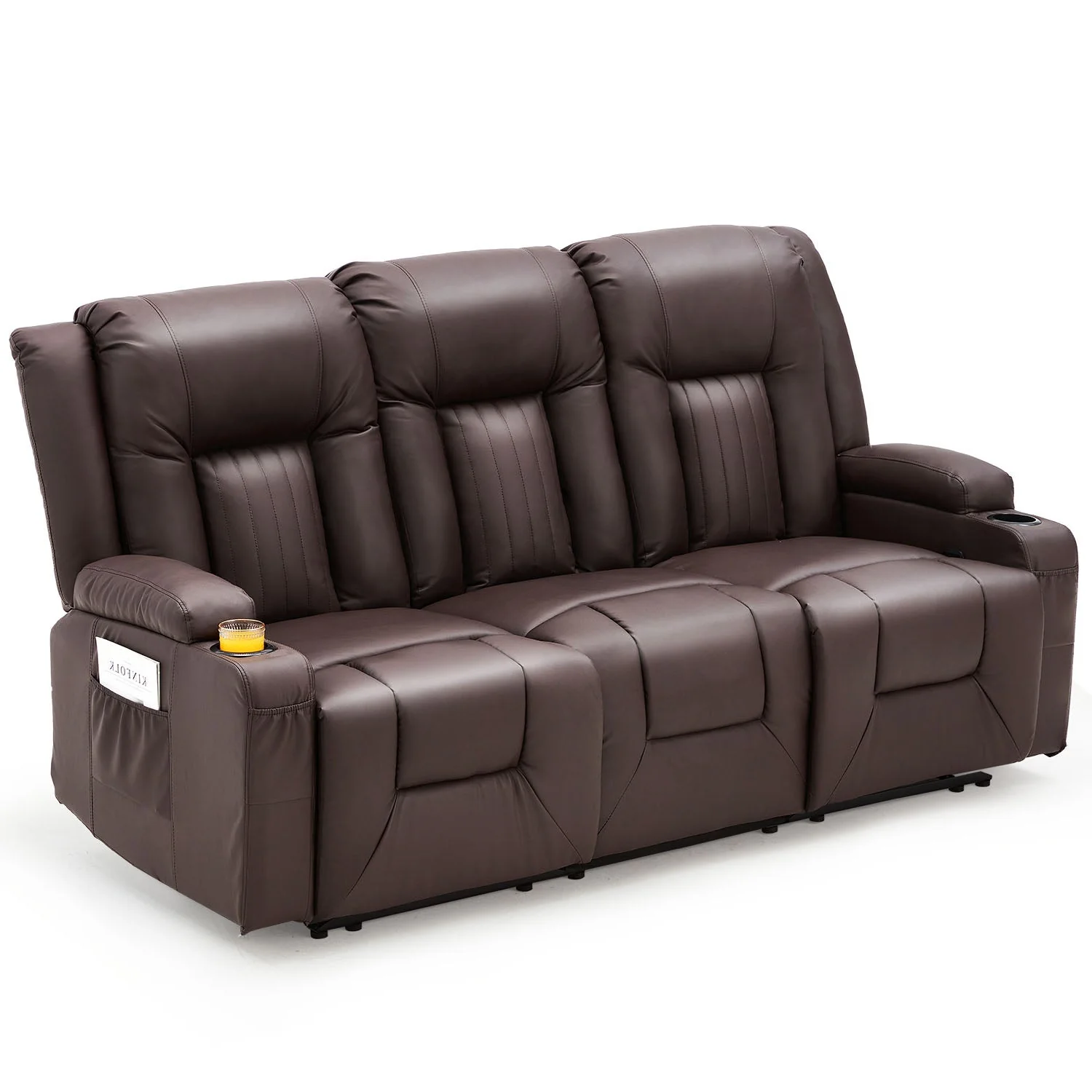 AECOJOY 3 Seater Reclining Sofa with 2 Cup Holders&Side Pockets, Brown