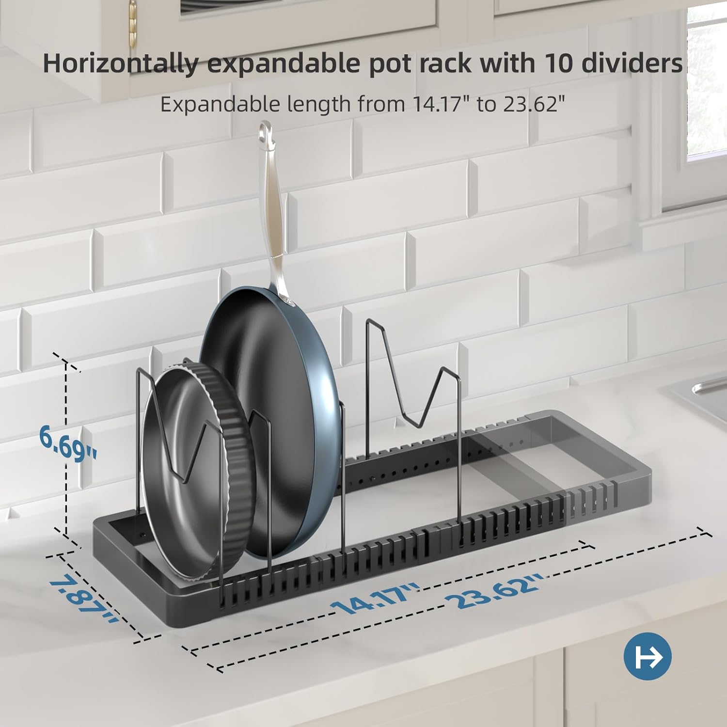 PanPanPal Pots and Pans Organizer under Cabinet, Expandable Pot Lid Organizer Holder with 10 Adjustable Compartments, Pan Organizers inside Cabinet for Lids, Bakeware, Kitchen Storage Pot Rack, Black