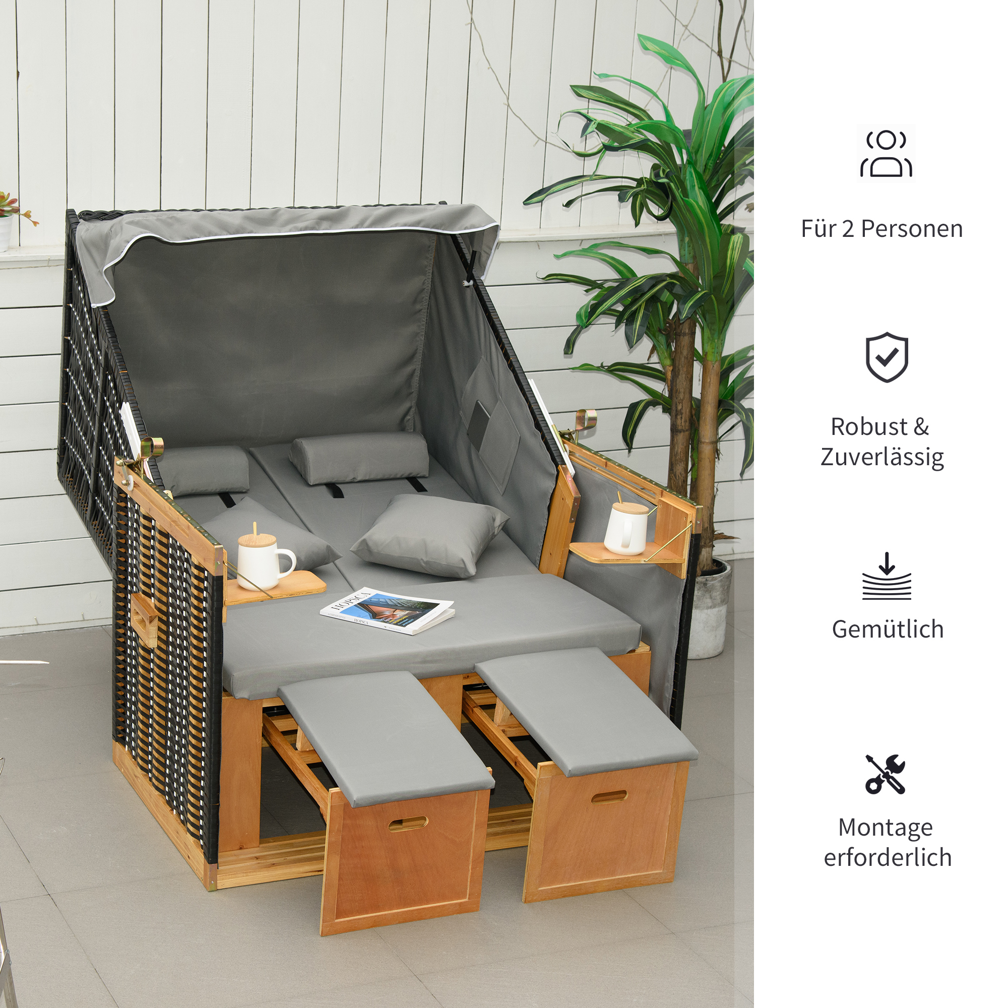 Outsunny strandstoel met dak rotan look klaptafel lichtgrijs 118 x 79 x 150 cm