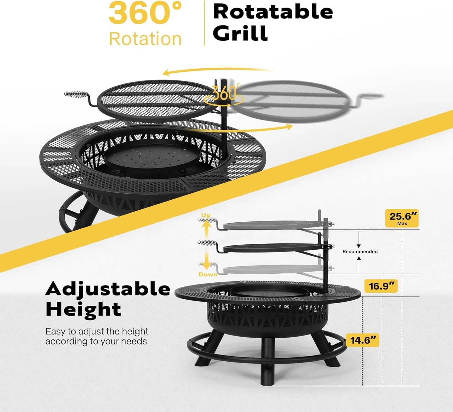 3-in-1 Fire Pit��35 in Wood Burning Firepits with Cooking Grill Grate Charcoal Pan Cover Lid, Metal Table for Backyard Bonfire BBQ Outdoor Camping Picnic(Single-Grill) - Image 4