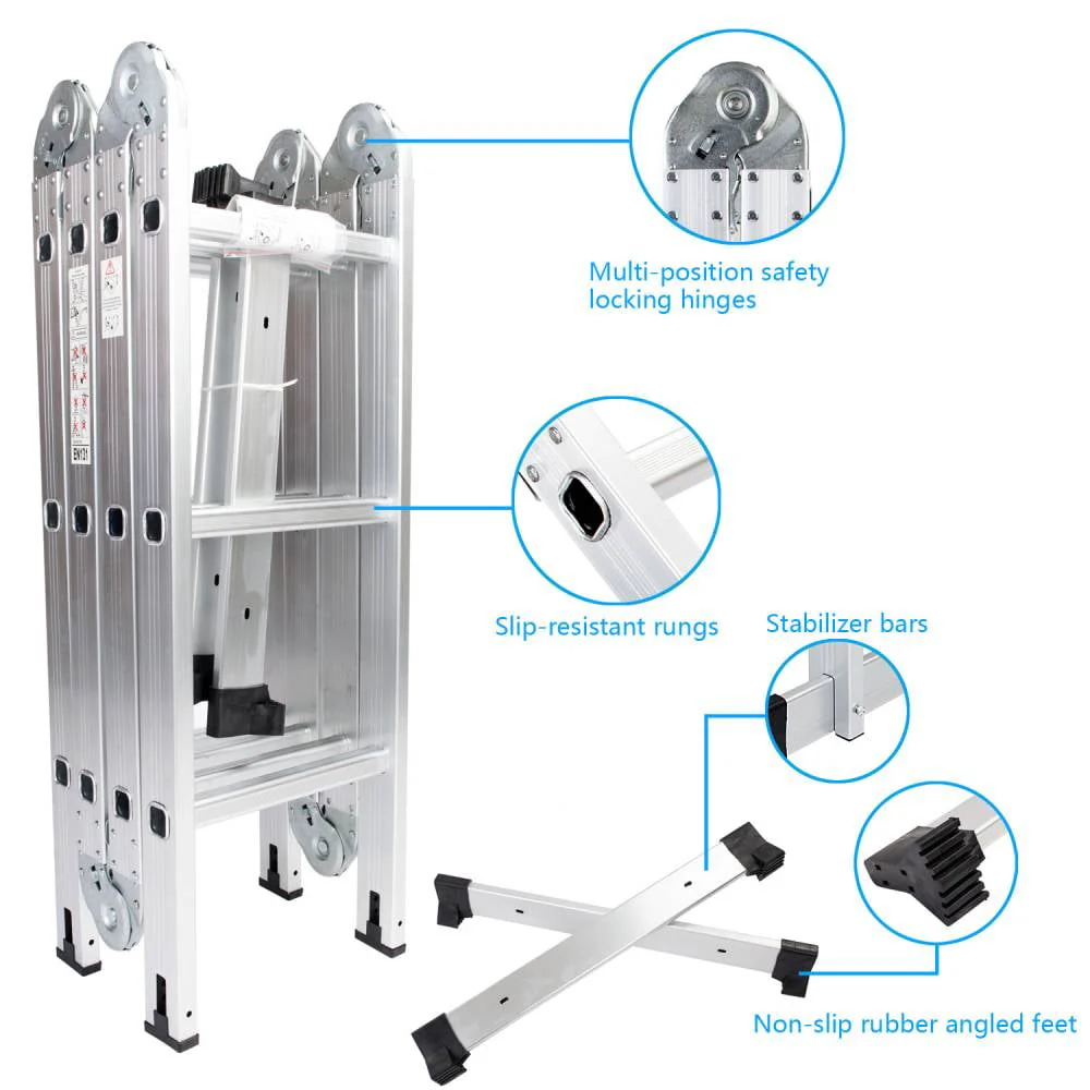12.5ft 7 in 1 Multi-Purpose Scaffold Ladder, Folding Aluminium Extension Ladder, EN 131 Standard, 330lbs Capacity - Image 5