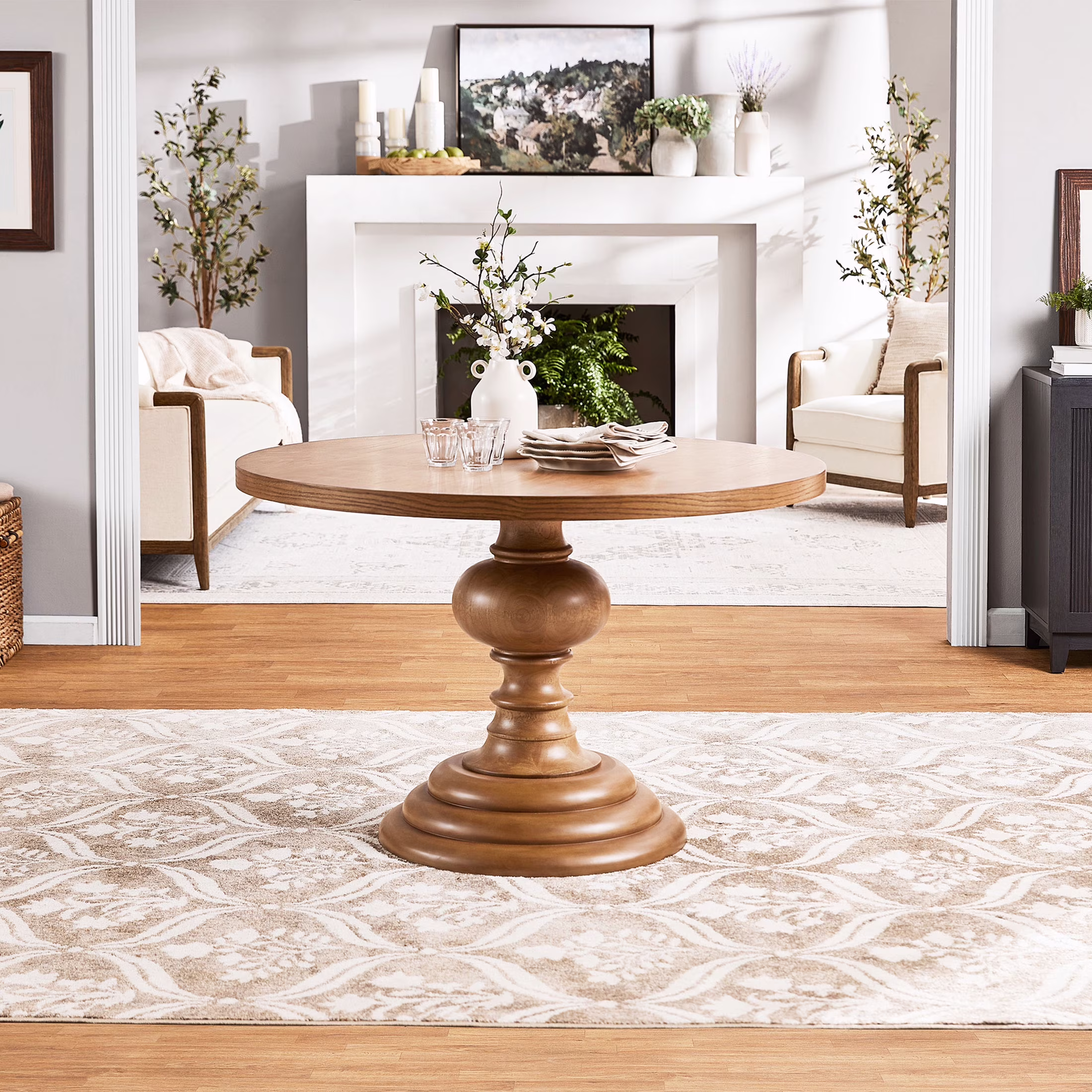 Perry Round Dining Table with Warm Brown Finish and Pedestal Base