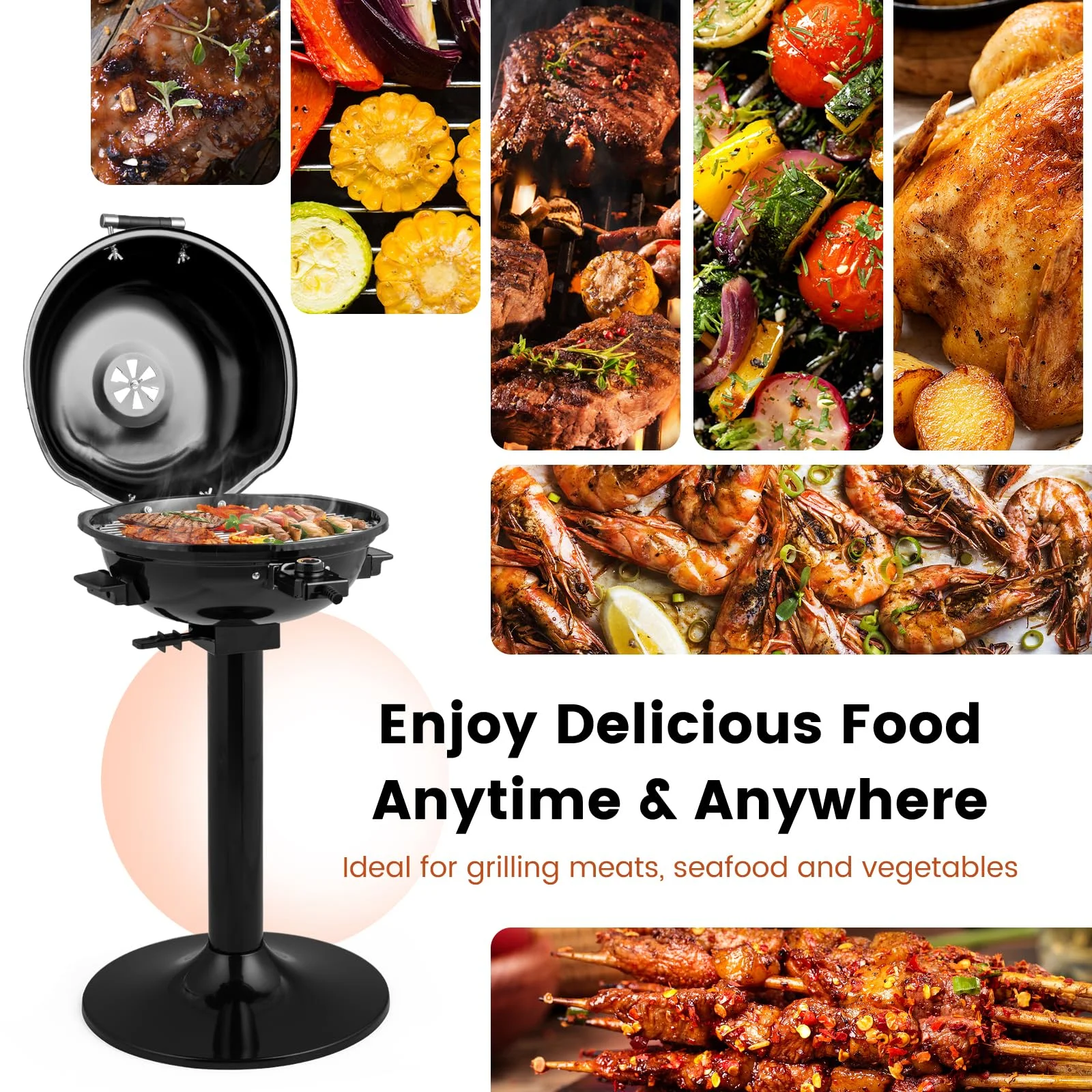 1600W Electric Grill Outdoor, 15 Serving Freestanding Camping Grill with Warming Rack, Removable Oil Drip Tray, Adjustable Temperature Control, Portable BBQ Grill for Patio, Backyard (Black) Image 5