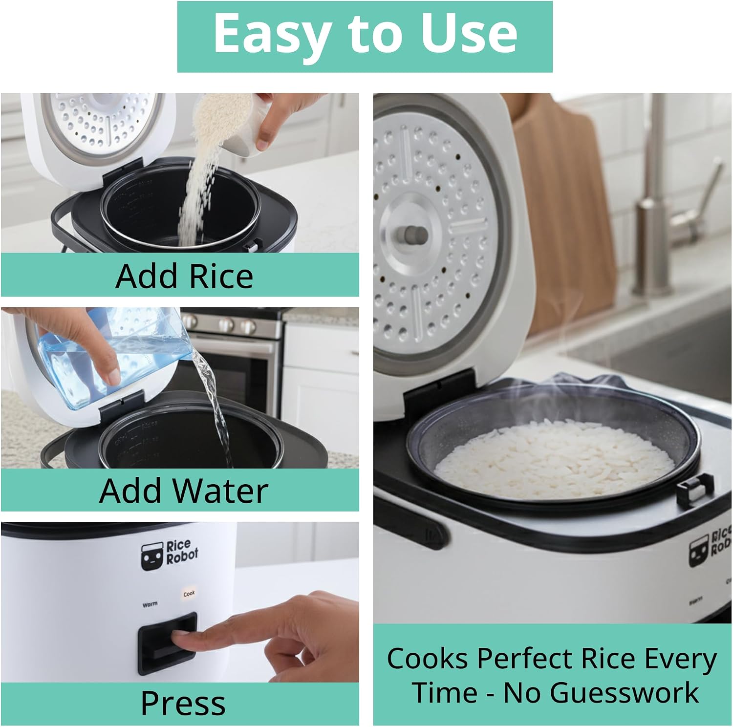 Rice Robot Personal Rice Cooker, PFAS-free, Nonstick1 Quart Capacity, with Stainless Steel Steamer Tray, Measuring Cups, Recipe Book with 60 Recipes, and Serving Spoon, As Seen On TV