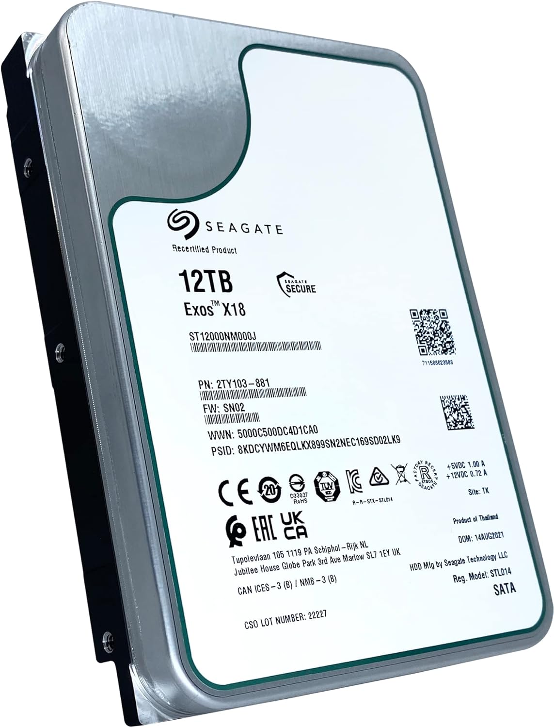 Seagate Exos X18 12TB 7200 RPM 512e/4Kn SATA 6Gb/s 256MB Cache 3.5-Inch Enterprise HDD (ST12000NM000J) (Renewed)