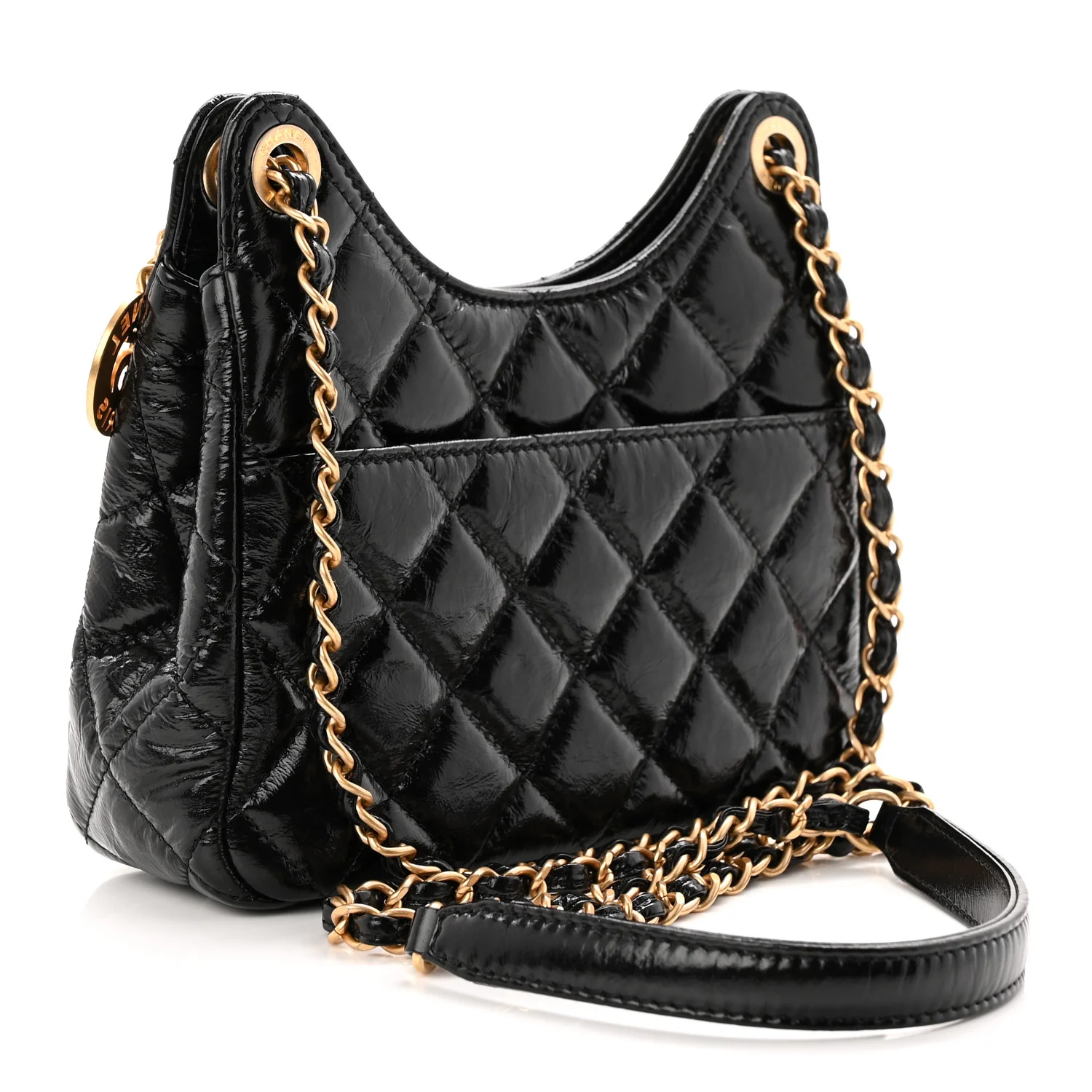 Shiny Crumpled Calfskin Quilted Small Wavy CC Hobo Black
