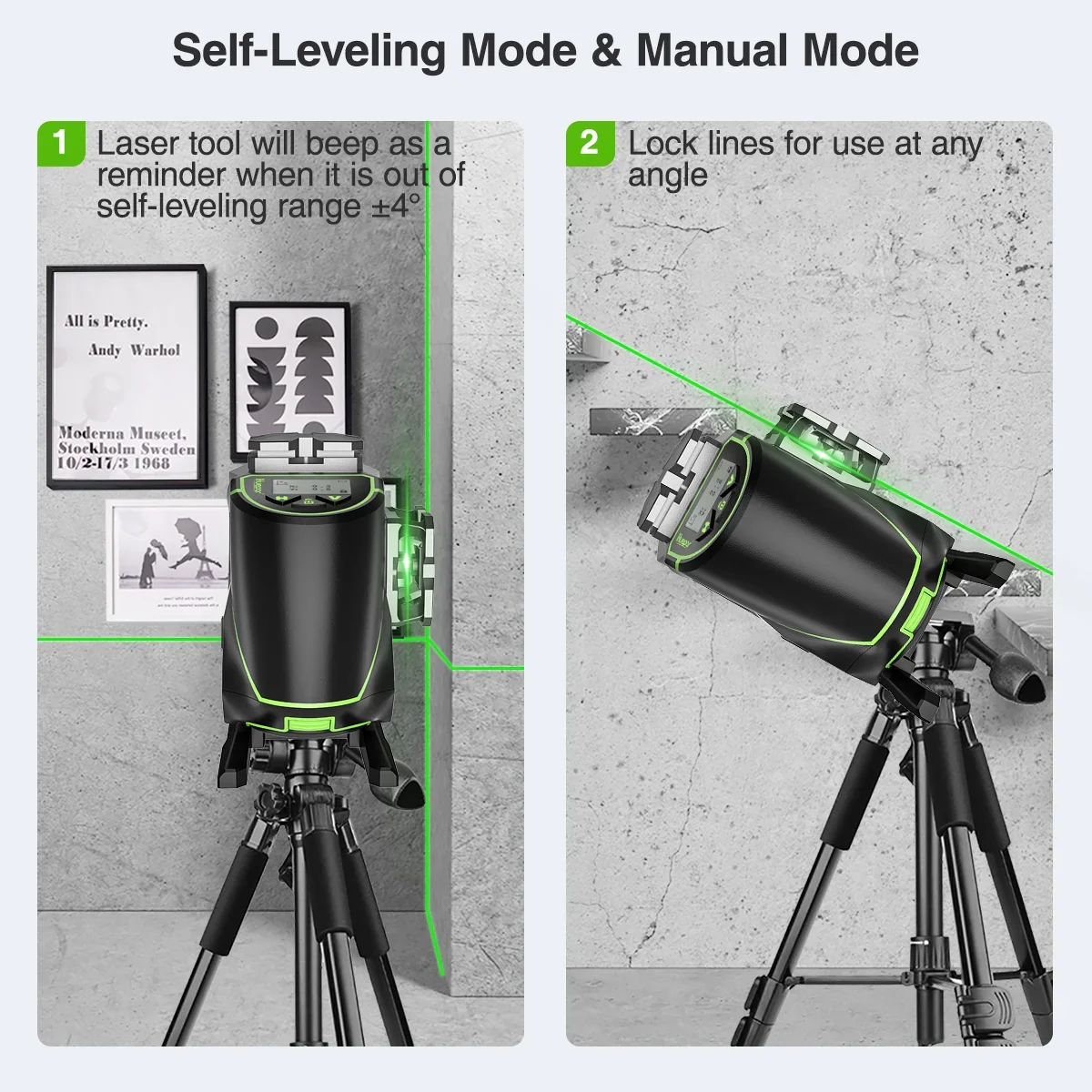 4D 16 Lines Self-Leveling Laser Level, 200Ft Green Beam 4 x 360° Cross Line Laser Level Tools with LCD Screen, Bluetooth and Magnetic Bracket