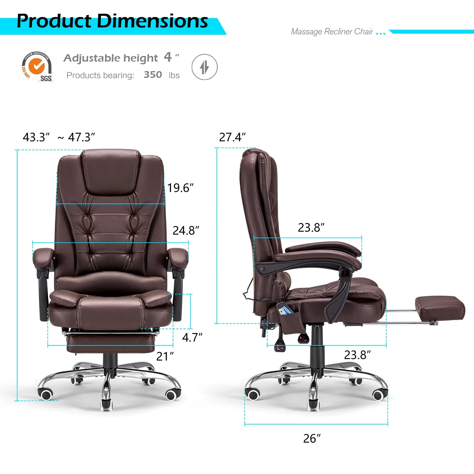 AECOJOY Office Chair with 7 Points Vibration Massage&Heat Functions, Brown Leather with Footrest