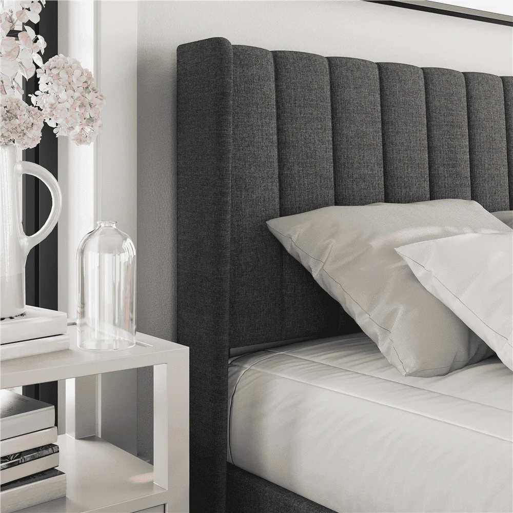 Yaheetech Upholstered Wingback Bed with Support and Mattress Foundation, Queen, Dark Gray(Full/with headboard)