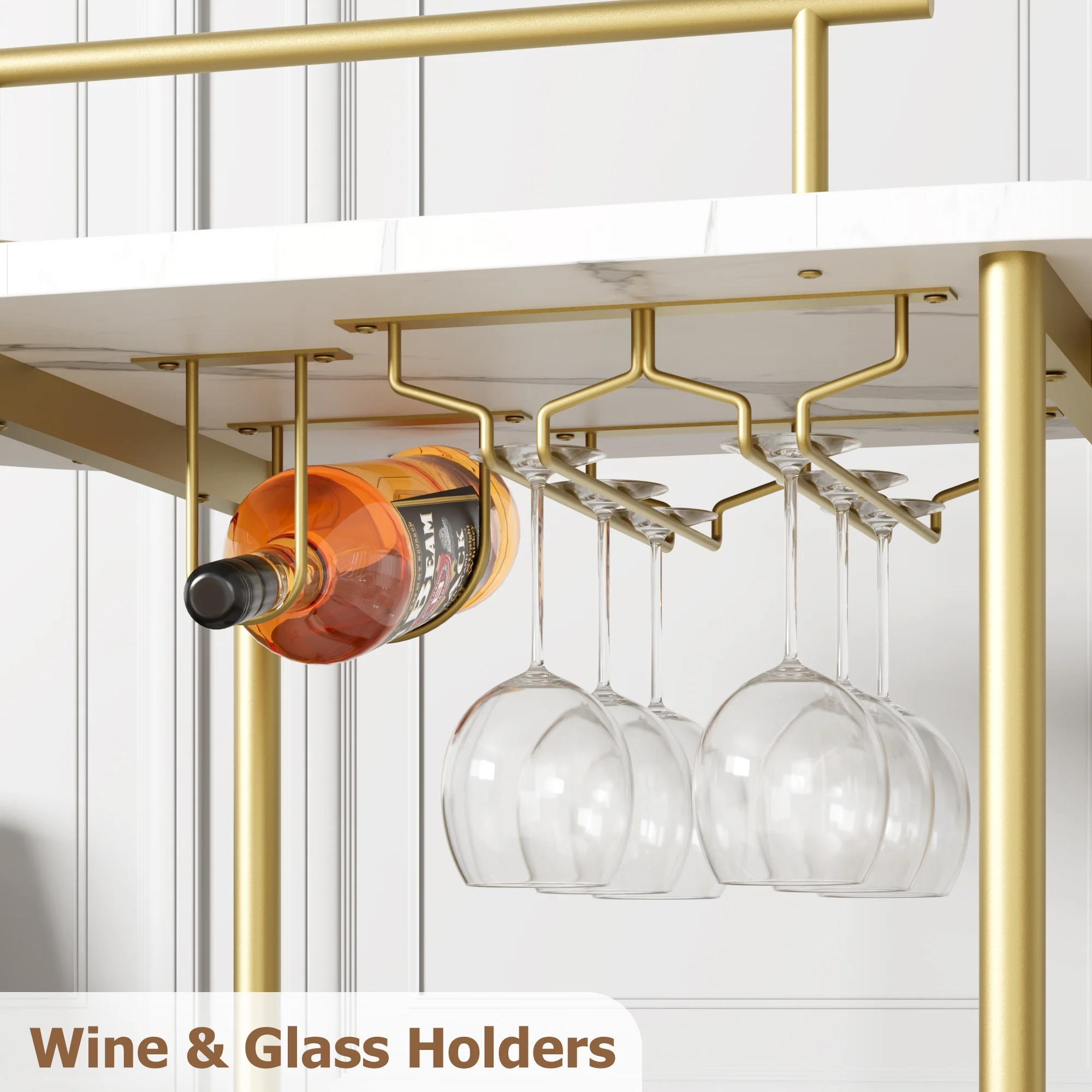 Bar Serving Cart, 3-Tier Storage Shelves Wine Rack and Glass Holder, Golden White - Image 5