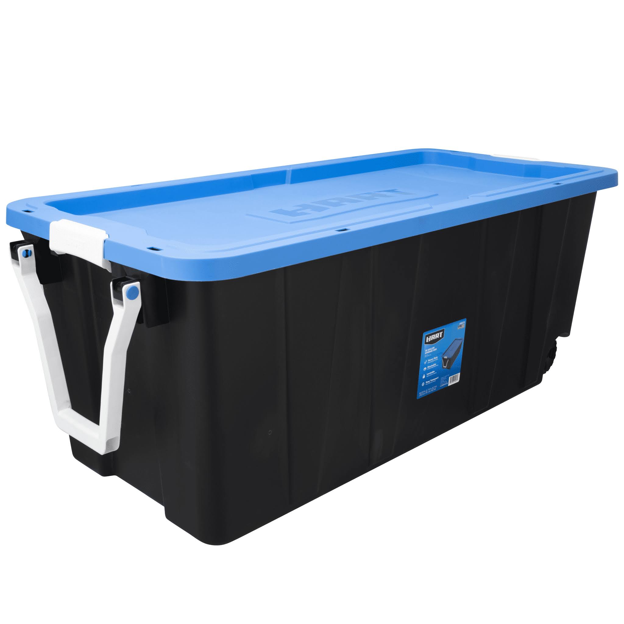 Hart 50 Gallon Wheeled Plastic Storage Bin Container, Black with Blue Lid