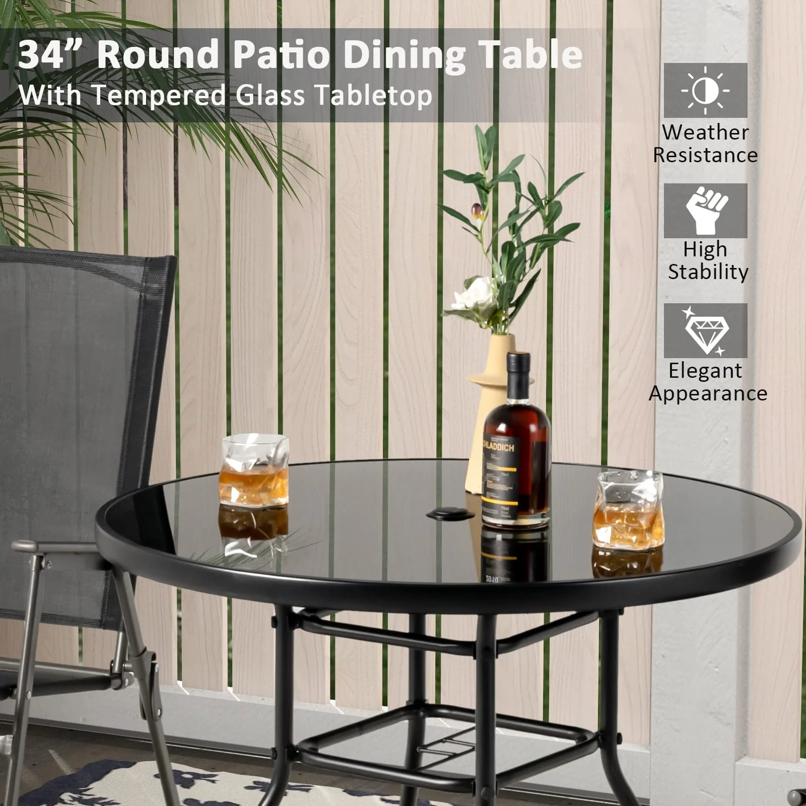 Tangkula 34 Inch Patio Dining Table, Round Tempered Glass Table with 1.5