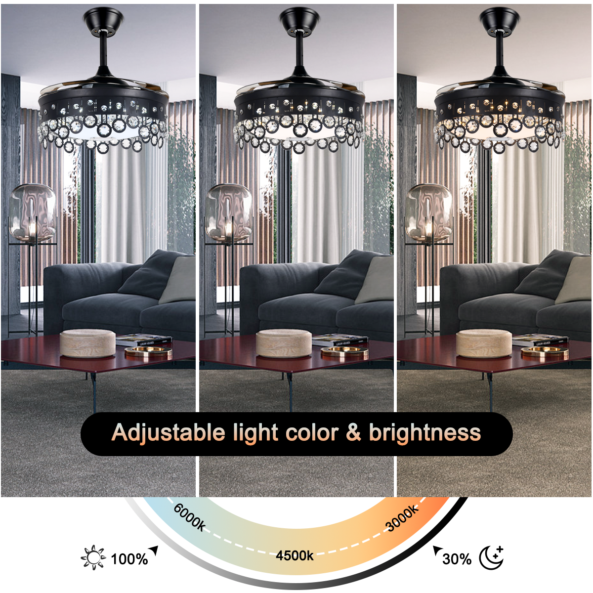 AFANQI 42" Black Modern Fandelier Ceiling Fan with Light Remote, Retractable Bluetooth Ceiling Fan with 7 Colors Silent Motor Crystal Chandelier