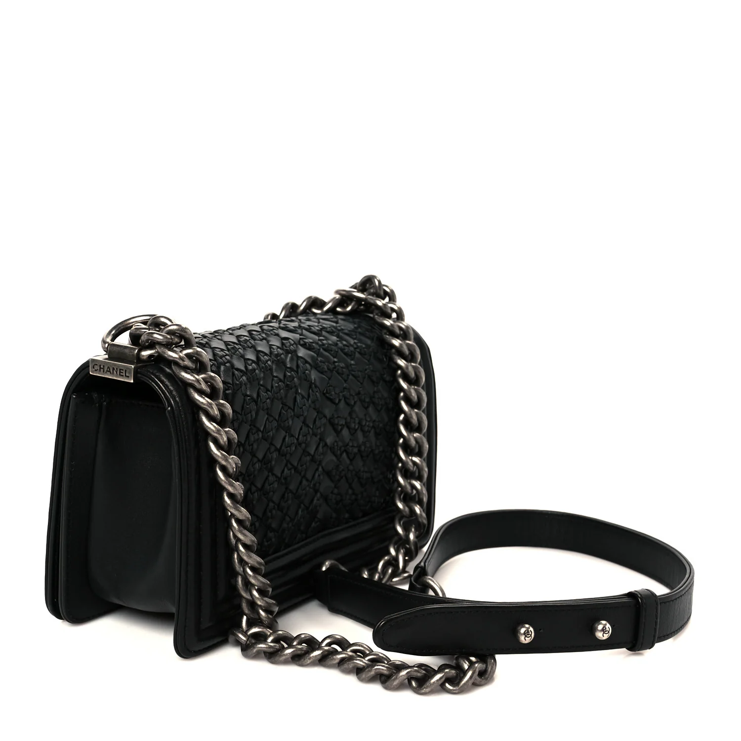 Lambskin Braided Woven Small Boy Flap Black