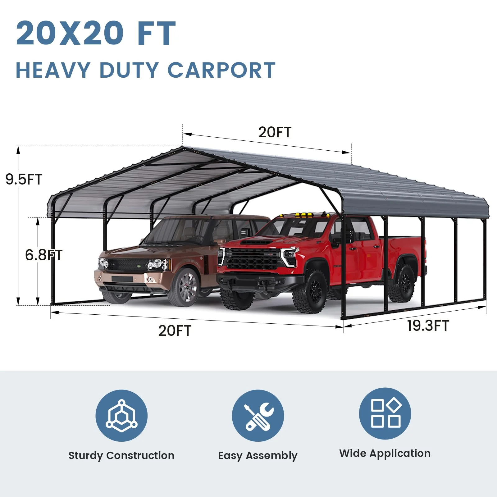 20x20ft Heavy Duty Carport, Steel Carport with Galvanized Steel Roof and Frame, Portable Garage for 2 Cars, Rv, Tractors and Boat, Gray(20' x 20') - Image 2