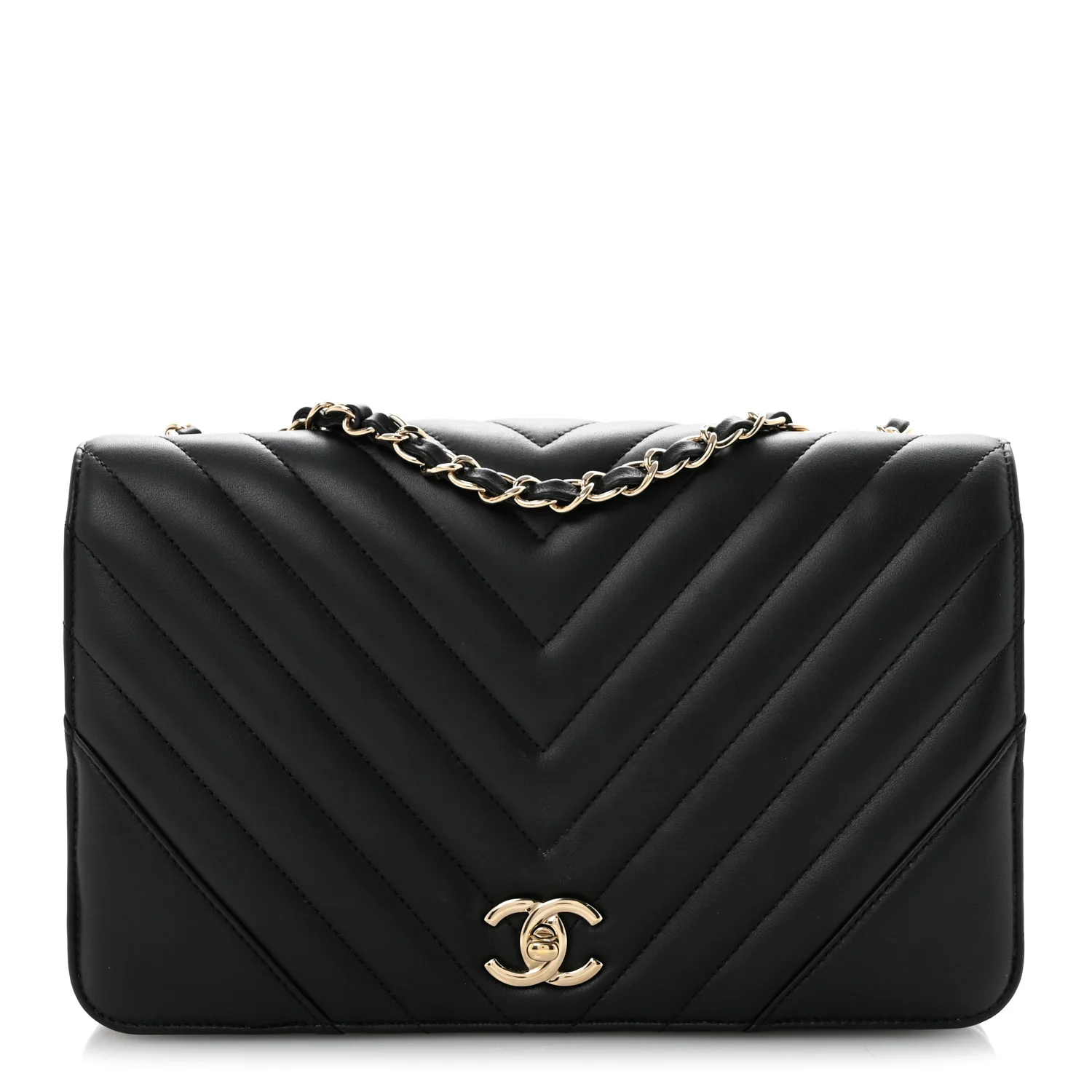 Calfskin Chevron Quilted Large Statement Flap Black