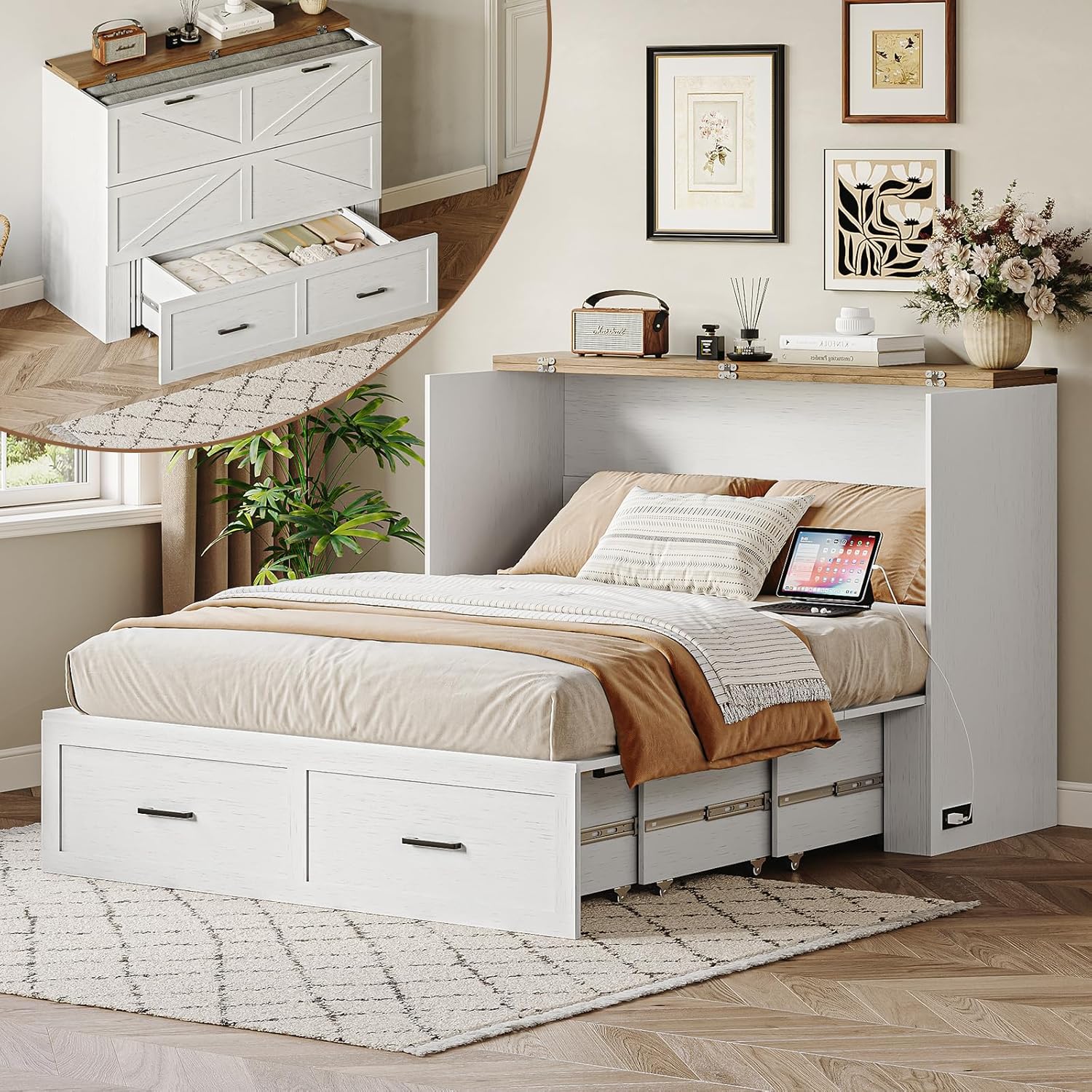 CHUWELL Full Size Murphy Bed with Charging Station & Drawer, Farmhouse Full Size Mobile Cabinet Bed Frame, Murphy Chest Bed Cabinet for Bedroom, Guest Room