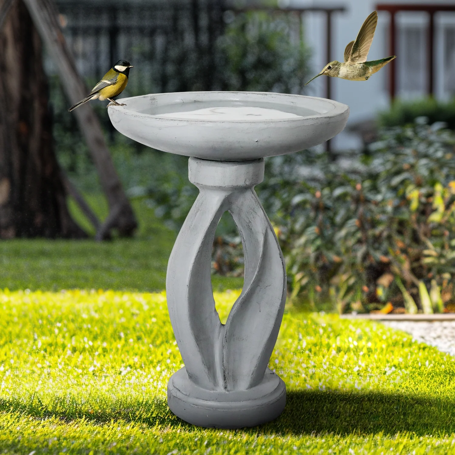 21.8 Inch Height Outdoor Bird Bath Fibre Reinforced Concrete Large Bird Bath Stylish with Curved Pedestal for Garden, Patio, Backyard, Lawn - Image 2