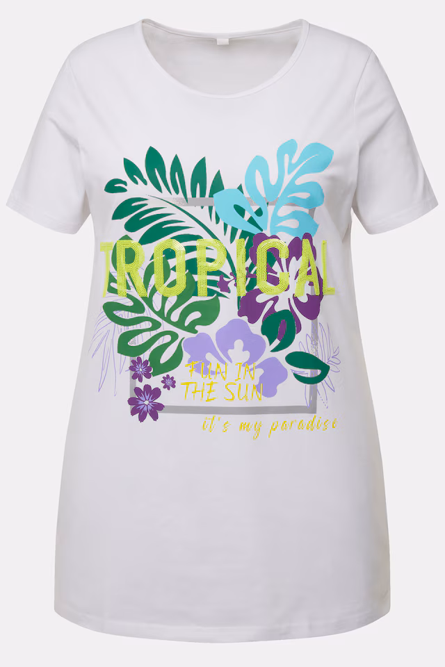 Long Half-Sleeve Crew Neck TROPICAL Pattern T-Shirt