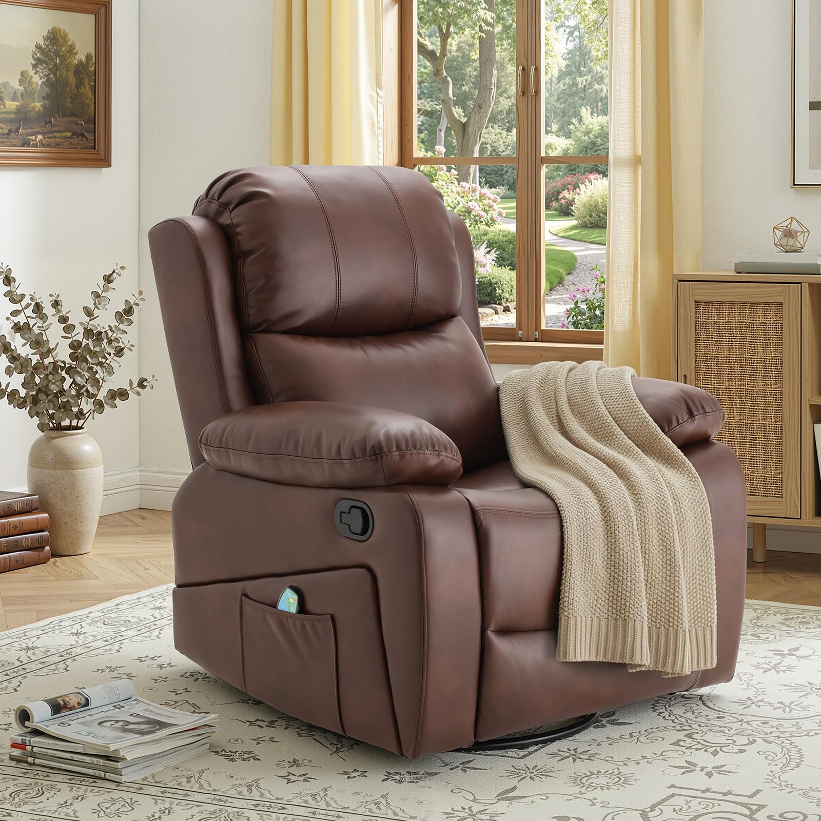 AECOJOY 360° Swivel Recliner Chair with Massage and Heat, Manual Reclining Leather Recliner Chair, Brown