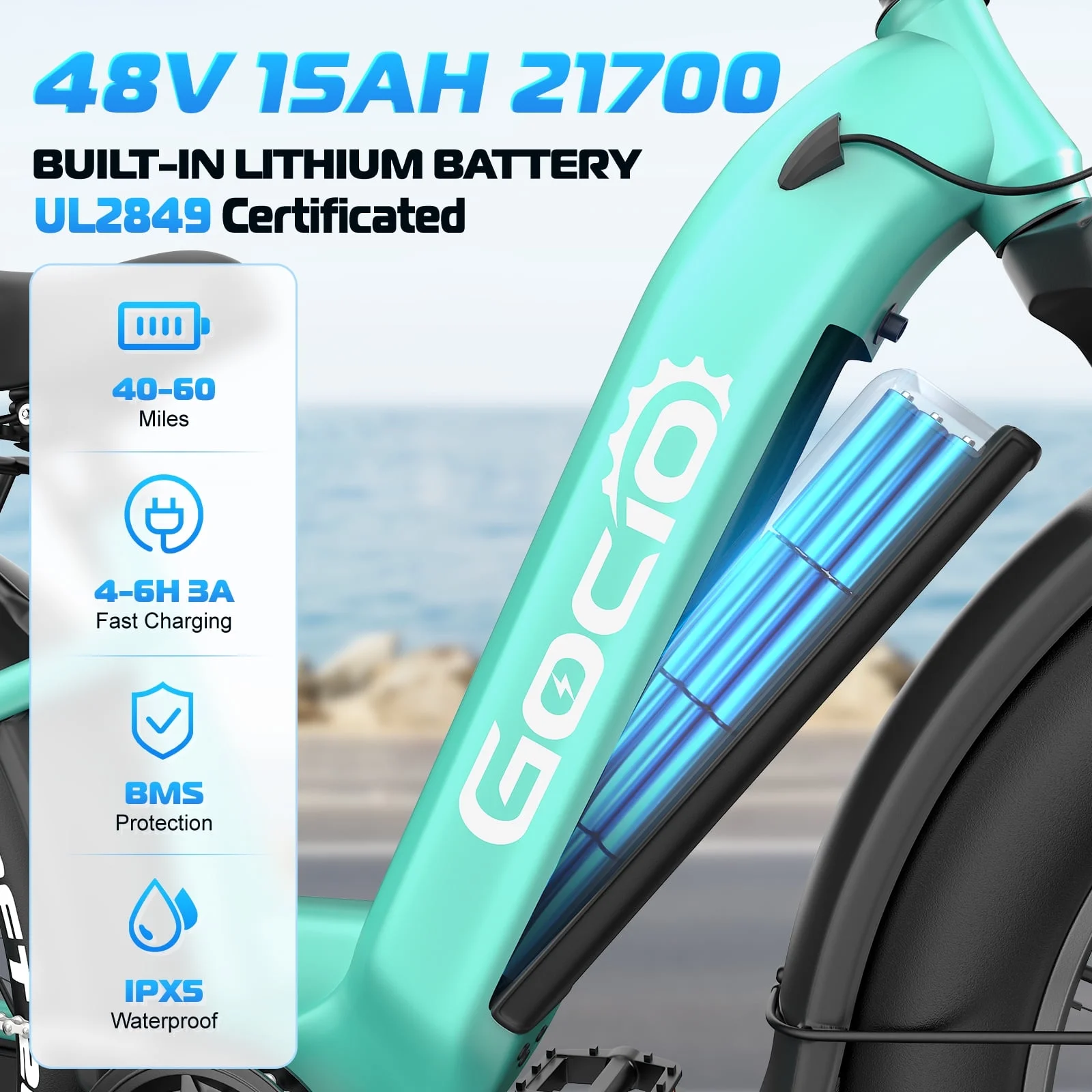 Electric Bike for Adults, 26" Fat Tire E-Mountain Bike, 1350W Peak Motor 48V 15Ah Battery, 22MPH 7-Speed Ebike for off Road, UL 2849(Cyan) - Image 2