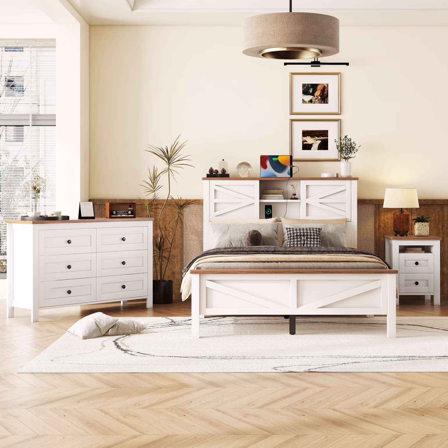 3 - Pieces Bedroom Sets, Full Size Platform Bed with Charging Station and Double Sliding Door Headboard, Storage Nightstand and Dresser, White
