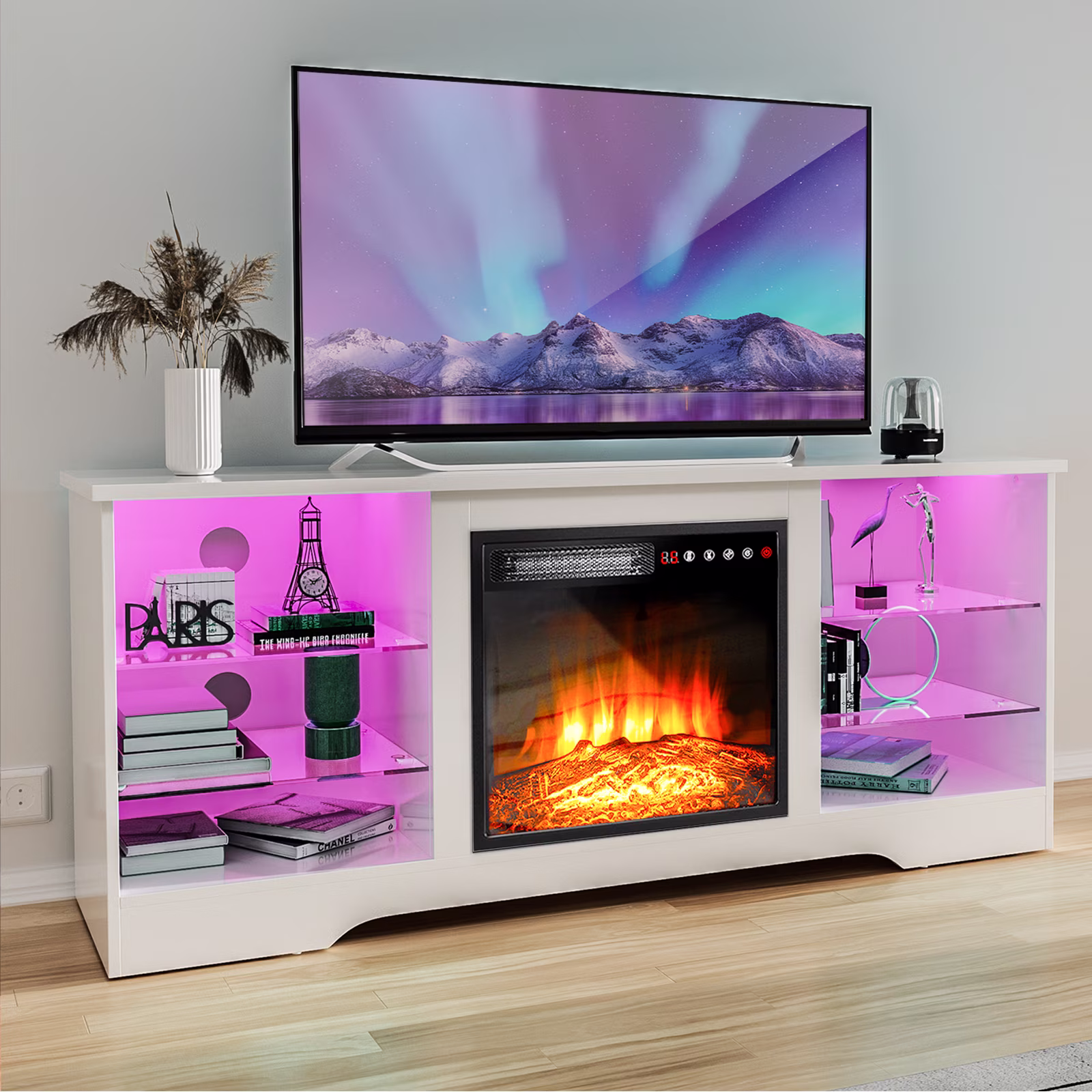 Waleaf Fireplace TV Stand with 18'' Fireplace for Tvs up to 65 in, Two Adjustable Glass Shelves