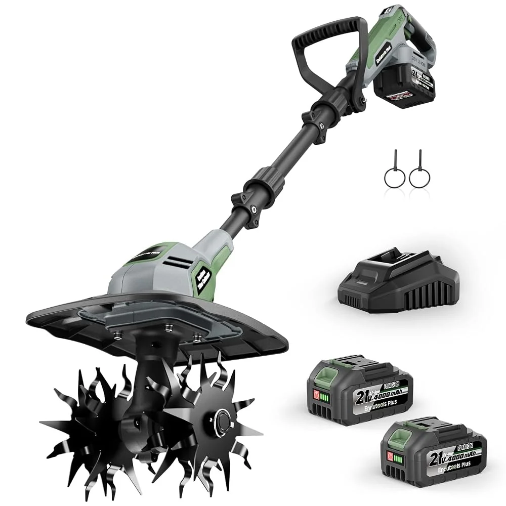 21V Cordless Garden Tiller Cultivator, Electric Rototiller with 2×4.0Ah Batteries, 360RPM, 9" Working Width &7" Tilling Depth, Lightweight for Soil Tilling Weeding Raised Bed Gardening