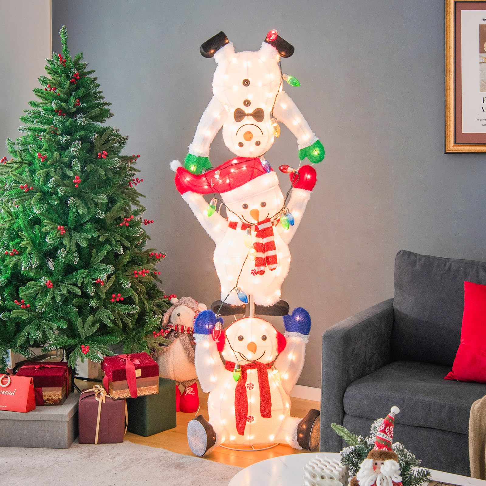 Tangkula 5.6 FT Lighted Christmas Stacked Snowmen Decoration