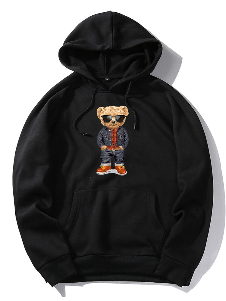 Sweat à capuche en denim imprimé ours