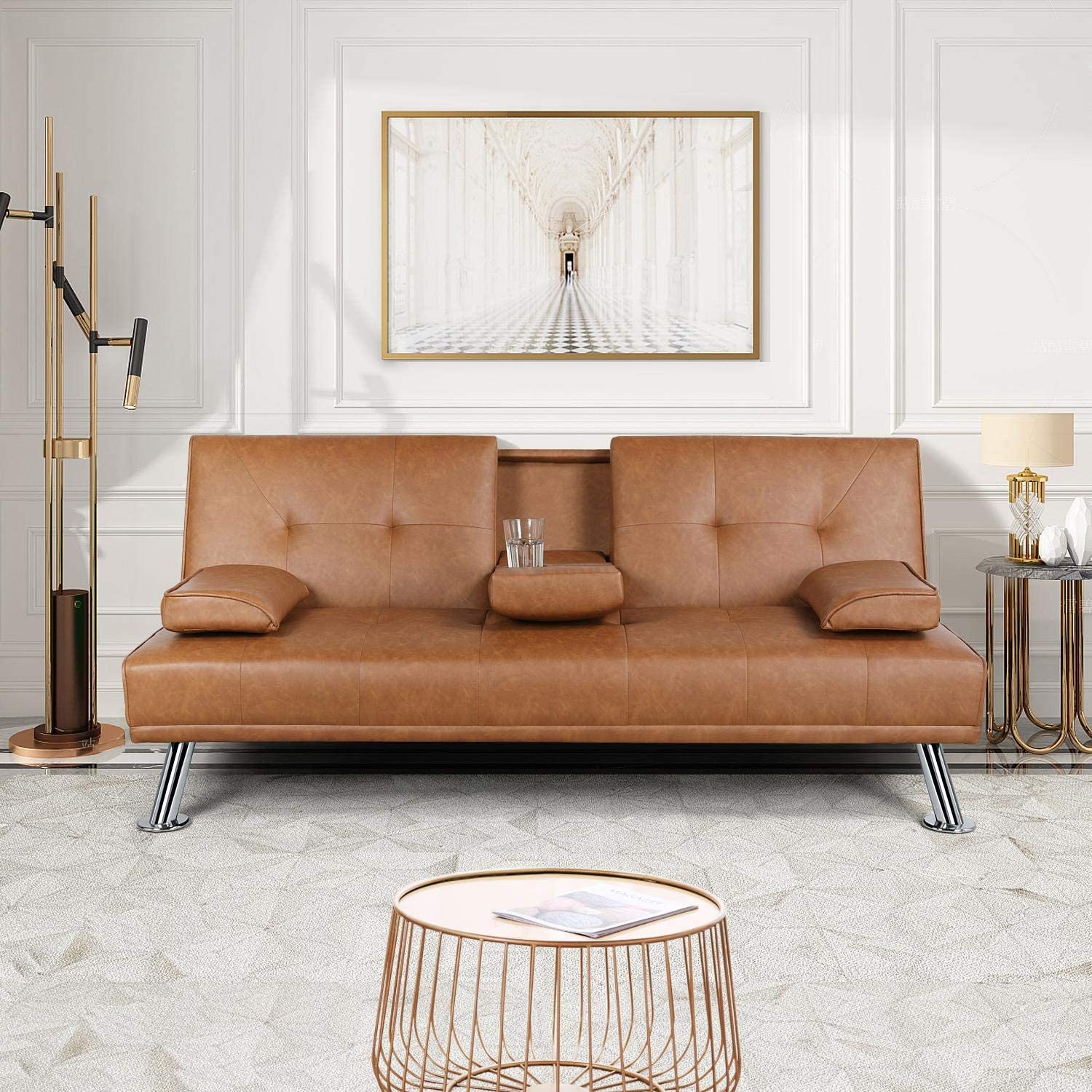 Canapé-lit d'appartement, canapé en similicuir avec accoudoirs, fauteuil inclinable, convient au salon et au studio, marron
