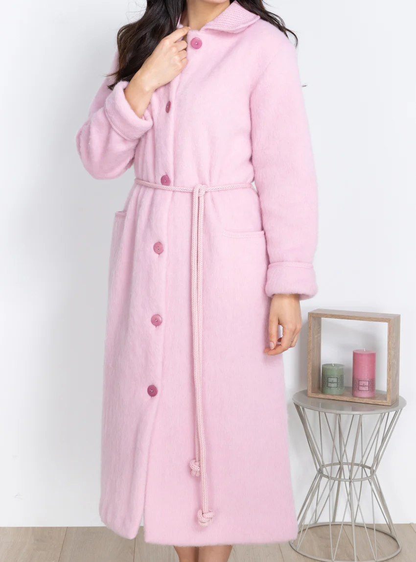 Robe de chambre femme en laine des Pyrénées rose douceur