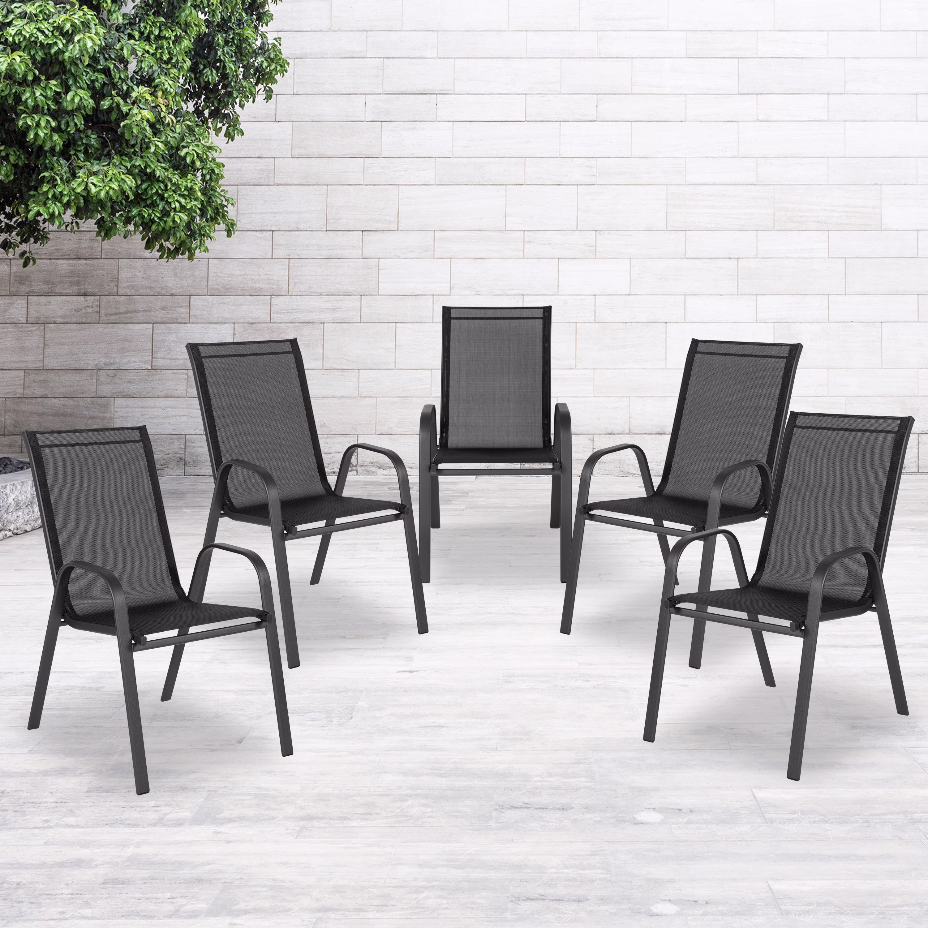 5 Pack Black Outdoor Stack Chair with Flex Comfort Material and Metal Frame(Black)