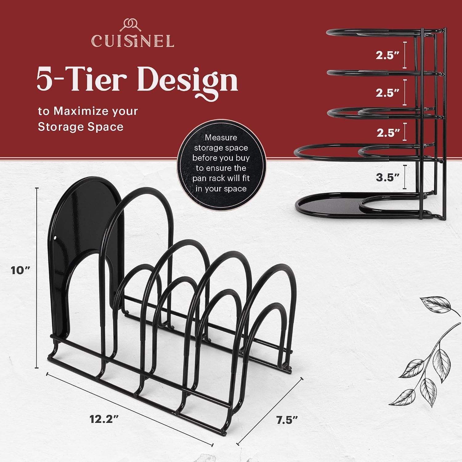Cuisinel Pan Organizer for Cast Iron Skillets, Griddles, 5-Tier Rack, Black 12.2