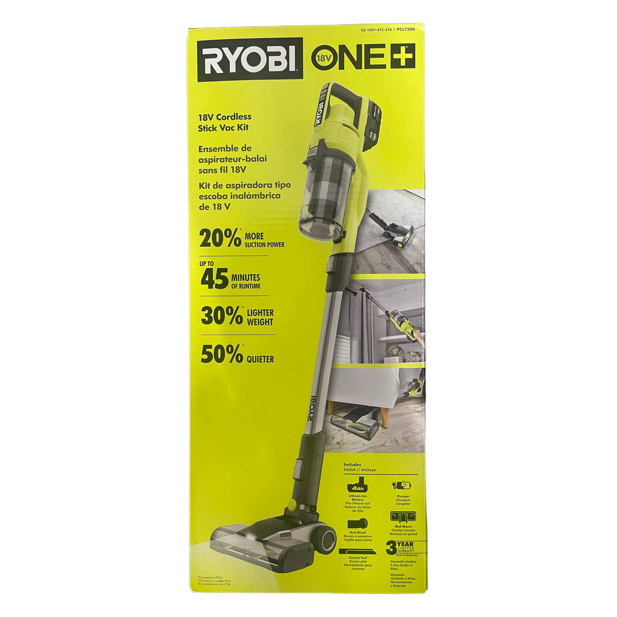 Ryobi PCL720K One+ 18V Cordless Stick Vacuum Cleaner Kit with 4.0 Ah Battery and Charger