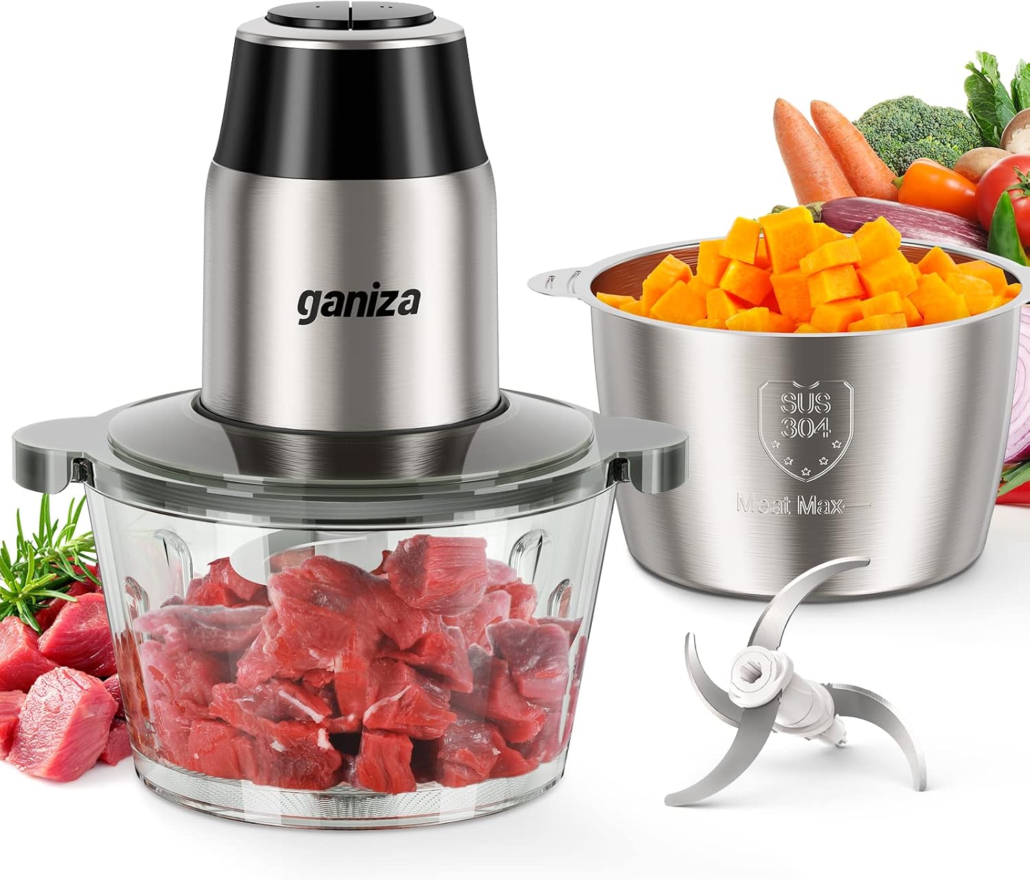 Ganiza Food Processors with 2 Bowls, 450W Meat Grinder Vegetable Chopper| 2-Speed Electric Food Chopper with 8 Cup Glass & 8 Cup Stainless Steel Bowls - Includes 2 Sets of Blades for Fruits/Meat/Nuts