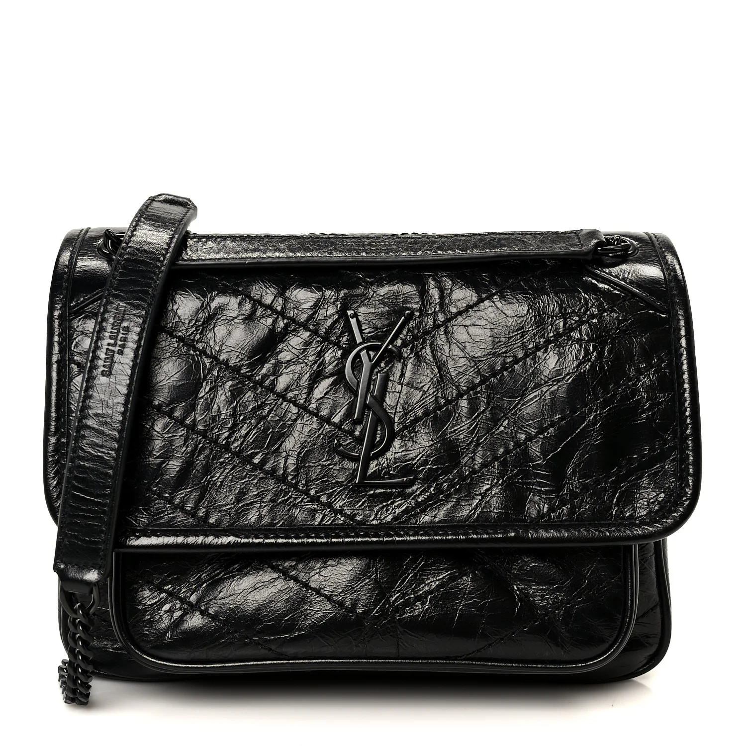 Crinkled Calfskin Matelasse Monogram Baby Niki Chain Satchel Black