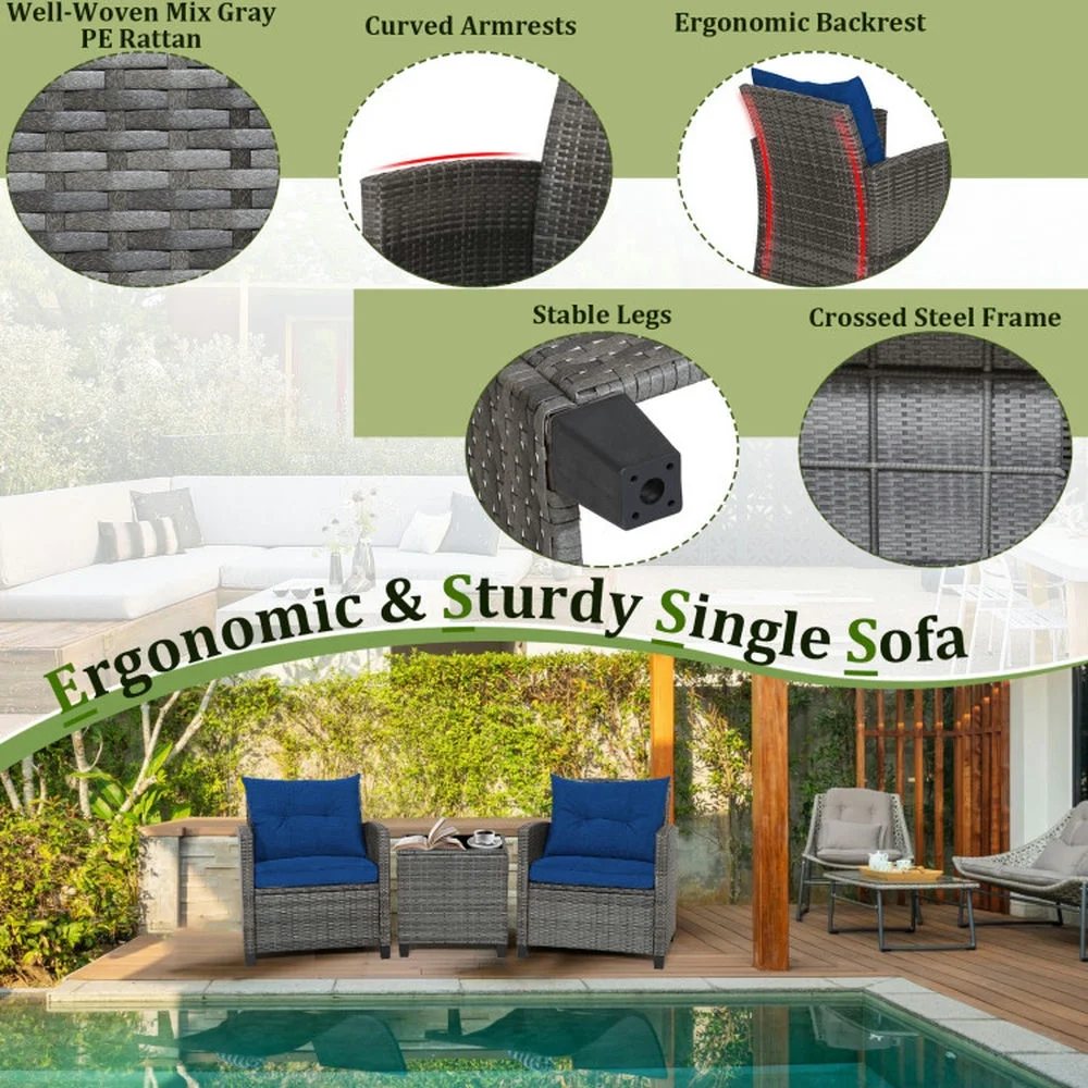 Outdoor Seating Sets,Garden Conversation Sets,3 Pieces Outdoor Wicker Conversation Set with Tempered Glass Tabletop-Navy - Image 6