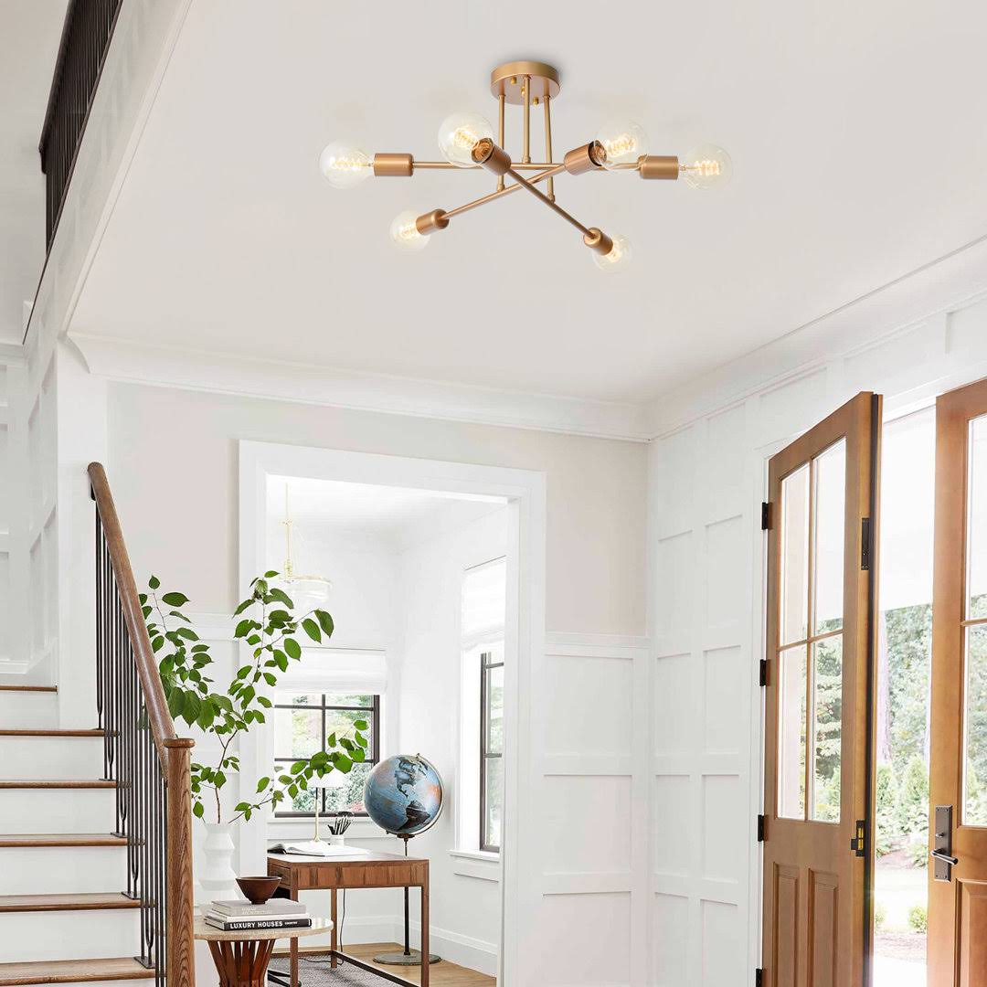 Modern Mid-Century 6 Light Brass Sputnik Semi Flush Mount for Kitchen Foyer Bedroom