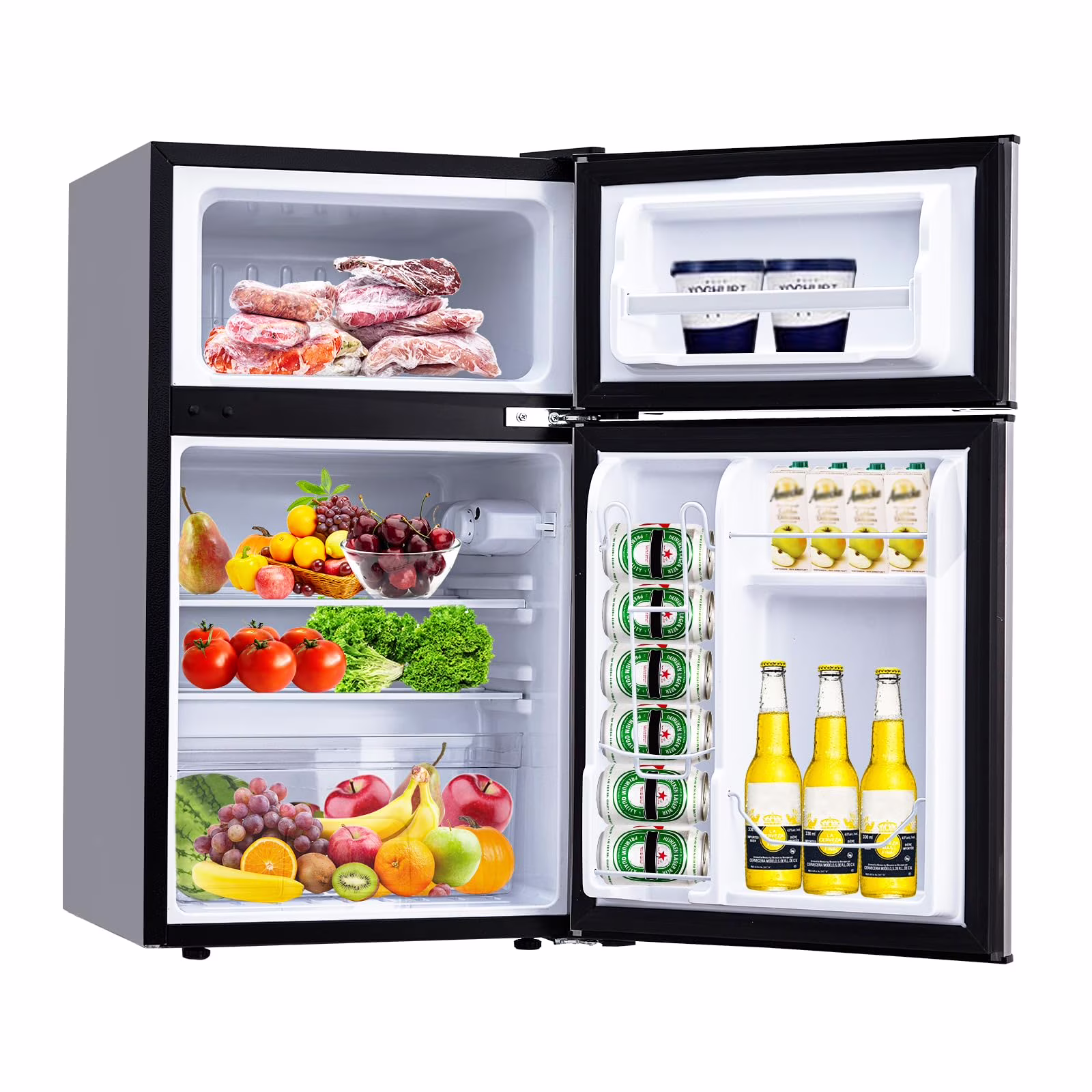 3.2 Cu. Ft Mini Fridge with Freezer, Small Refrigerators Double Door Stainless Steel, 5 Adjustable Thermostat Settings, Compact Internal Freezer with Crisper Drawer for Apartment Dorm, Silver(3.2 cu ft)