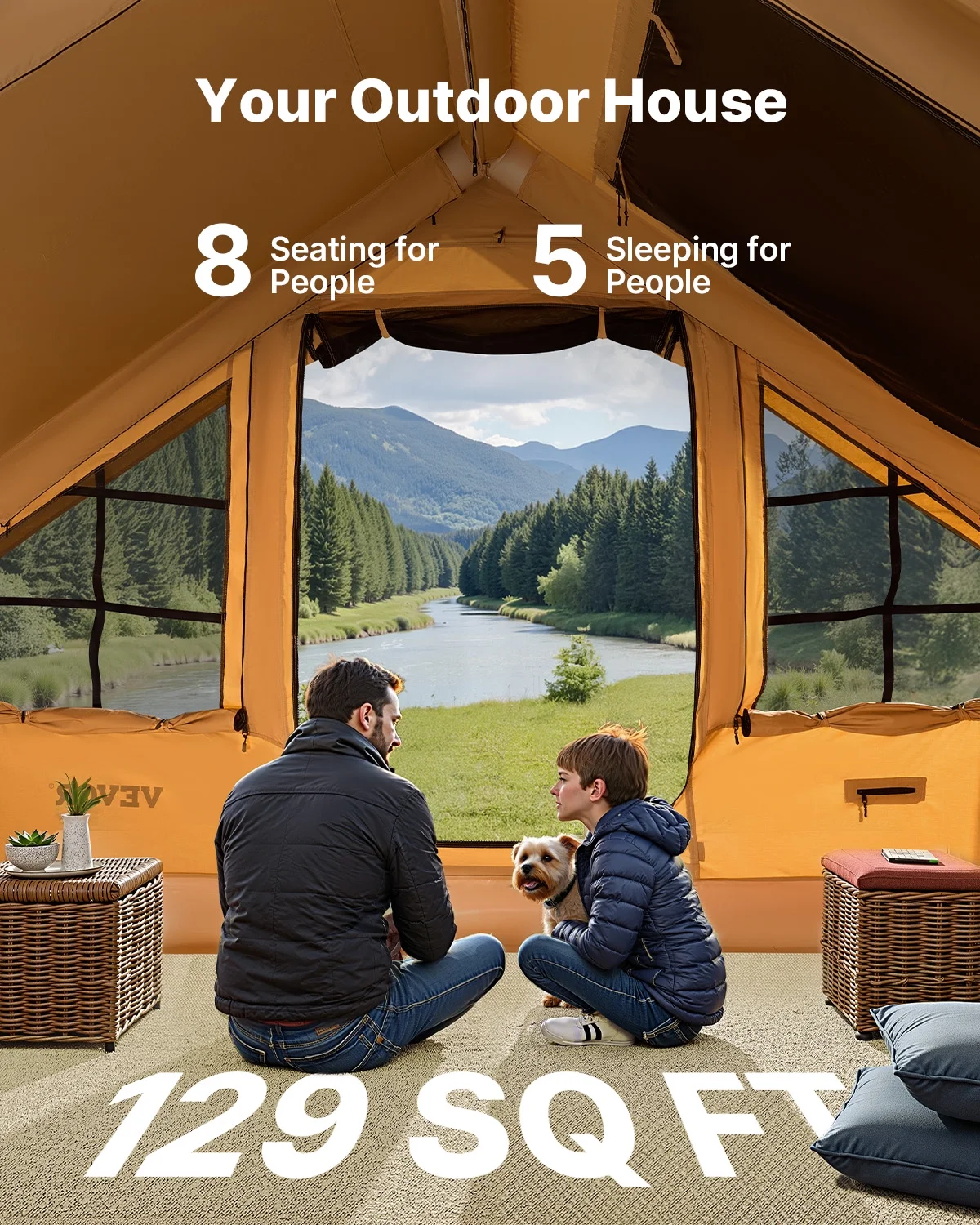Inflatable Tents for Camping, 5-8 Person Easy Setup Blow up Tent with Hand Pump, Luxury Glamping Tent with 2 Skylights, Canopy, Stove Jack 2 Doors Mesh Windows (Storage Bag Included) - Image 4