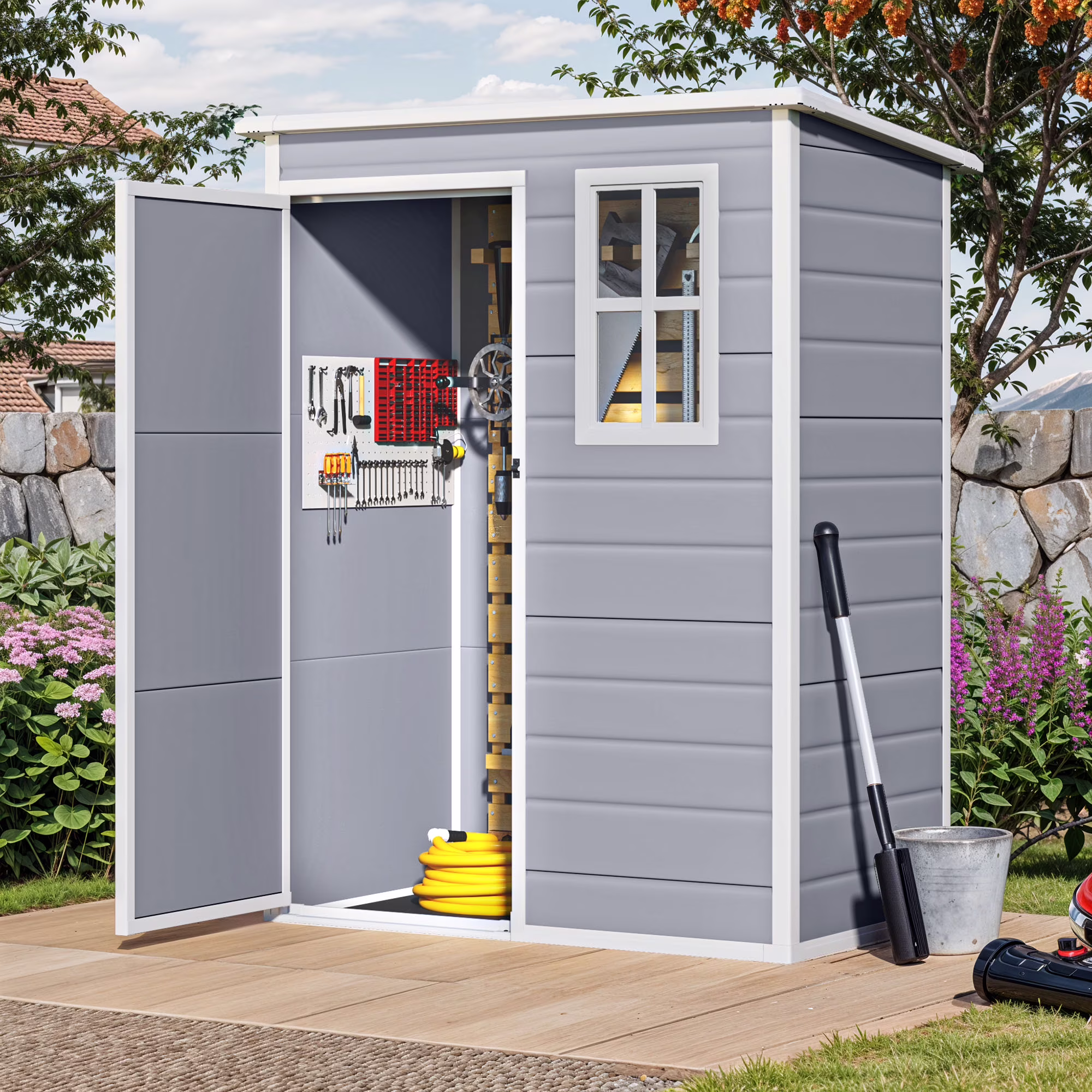 Resin Outdoor Storage Shed, 5x3 FT with Floor All-Weather Resin Storage Shed with Lockable Door Window, Waterproof