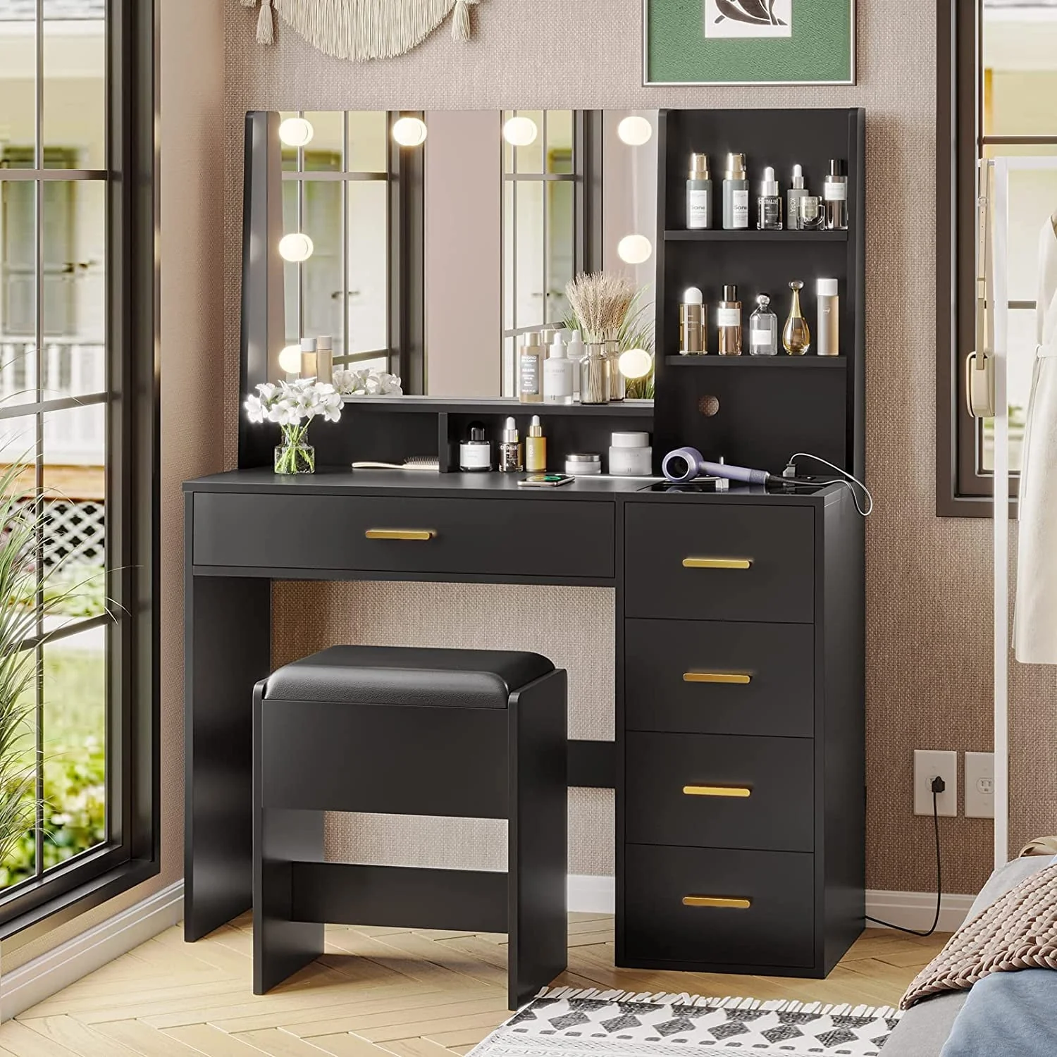 Black Vanity Set with Lights Charging Station Cushioned Stool, Modern Makeup Vanity Desk Table with Visible Drawers and Open Storage Shelves for Women Girls(Black)