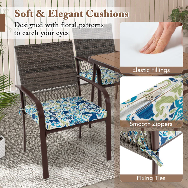 5 Pieces Patio Dining Set, 4 Cushioned Rattan Armchairs & Square Table with Wood-Plastic Tabletop & Umbrella Hole