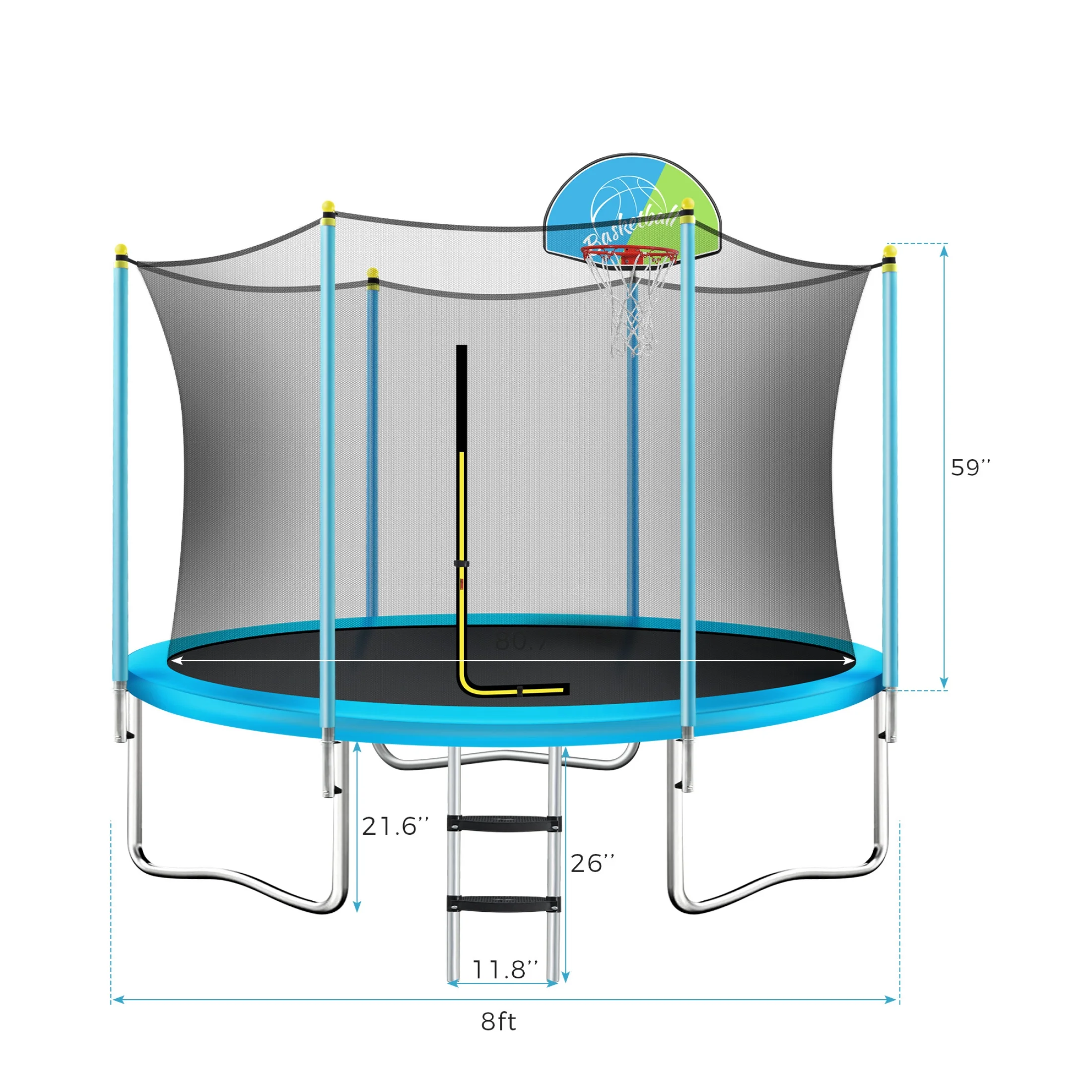 Noble House 8FT Outdoor Trampoline for Kids with Safety Enclosure Net, Basketball Hoop  Ladder, Blue(Blue)