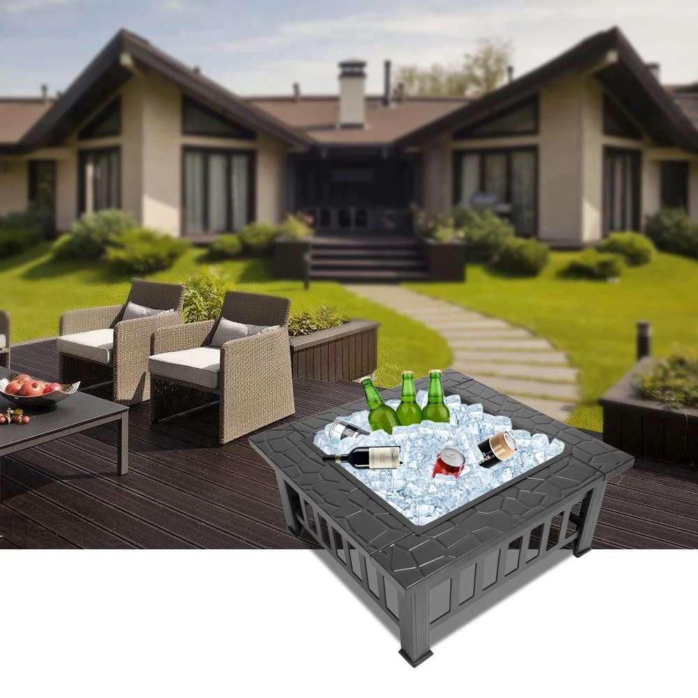 32" Outdoor Metal Firepit Backyard Patio Garden Square Stove Fire Pit(32" Black) - Image 7