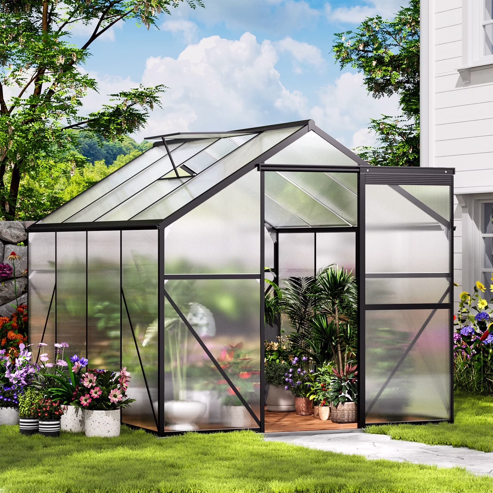 8x6 FT Greenhouse with Lockable Hinged Door Vent Window, Polycarbonate Walk-in Winter Greenhouse Sunroom, Black