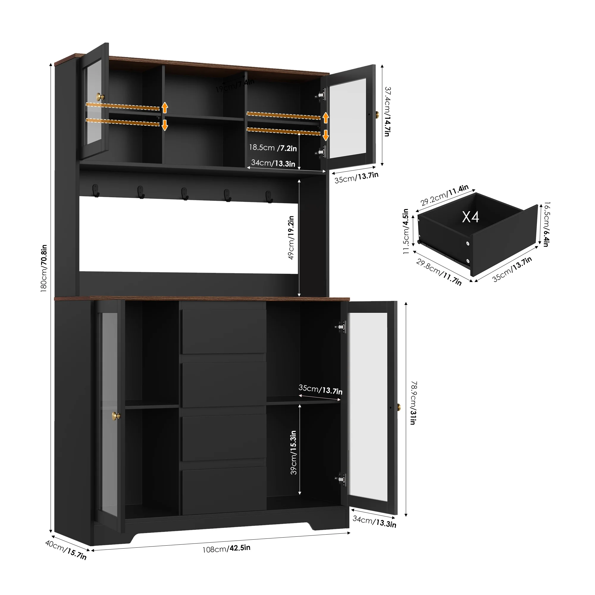 71'' Pantry Hutch with Cabinet Drawers for Kitchen, Glass Doors Storage Cabinet with Adjustable Shelves for Dining Room, Black(Black) Image 2