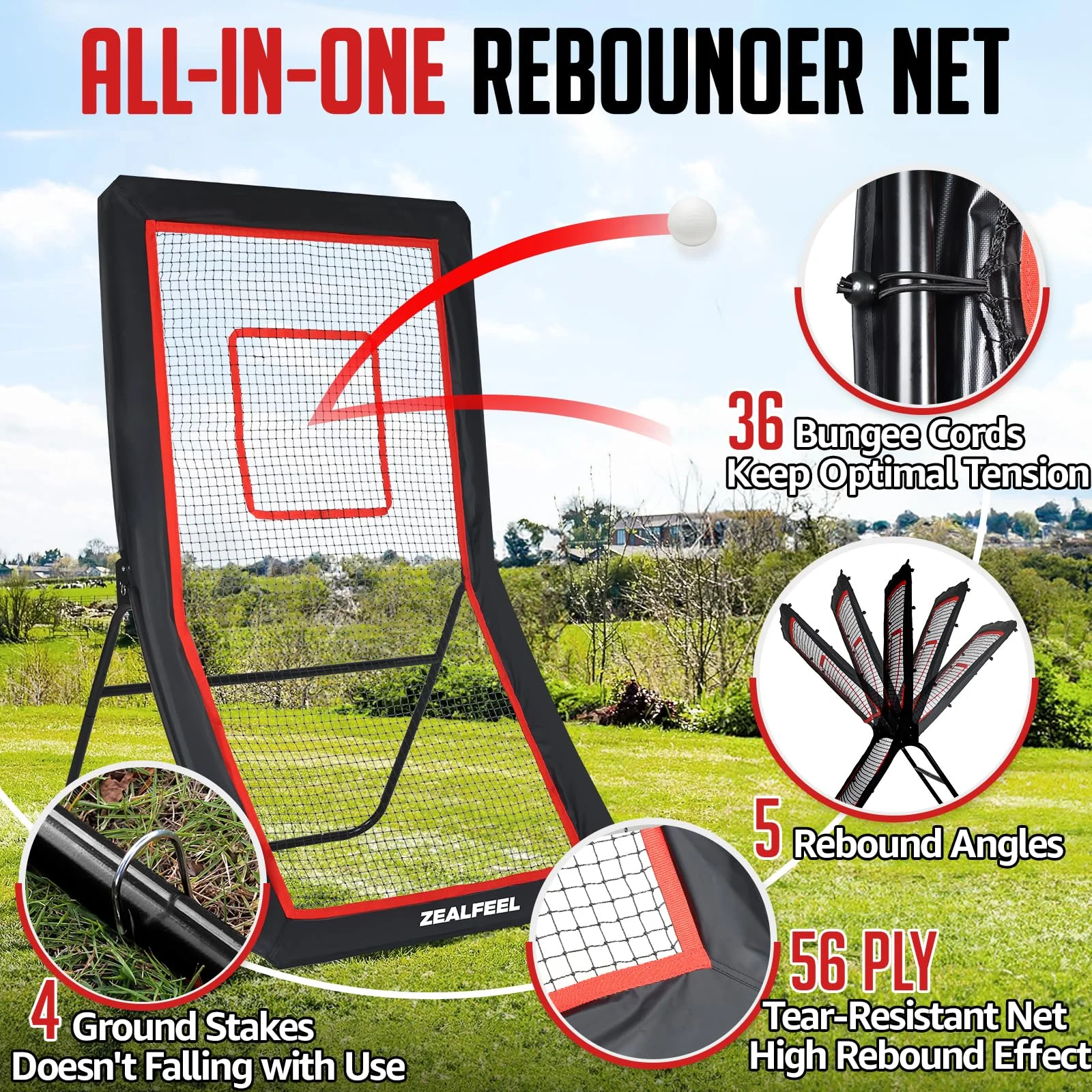 Lacrosse Rebounder, 4x7FT/4x6FT Lacrosse Rebound for Backyard with 5 Rebound Angles, Target Strip, Bounce Back Net Perfect for Lax Baseball Volleyball Soccer Practice - Image 6