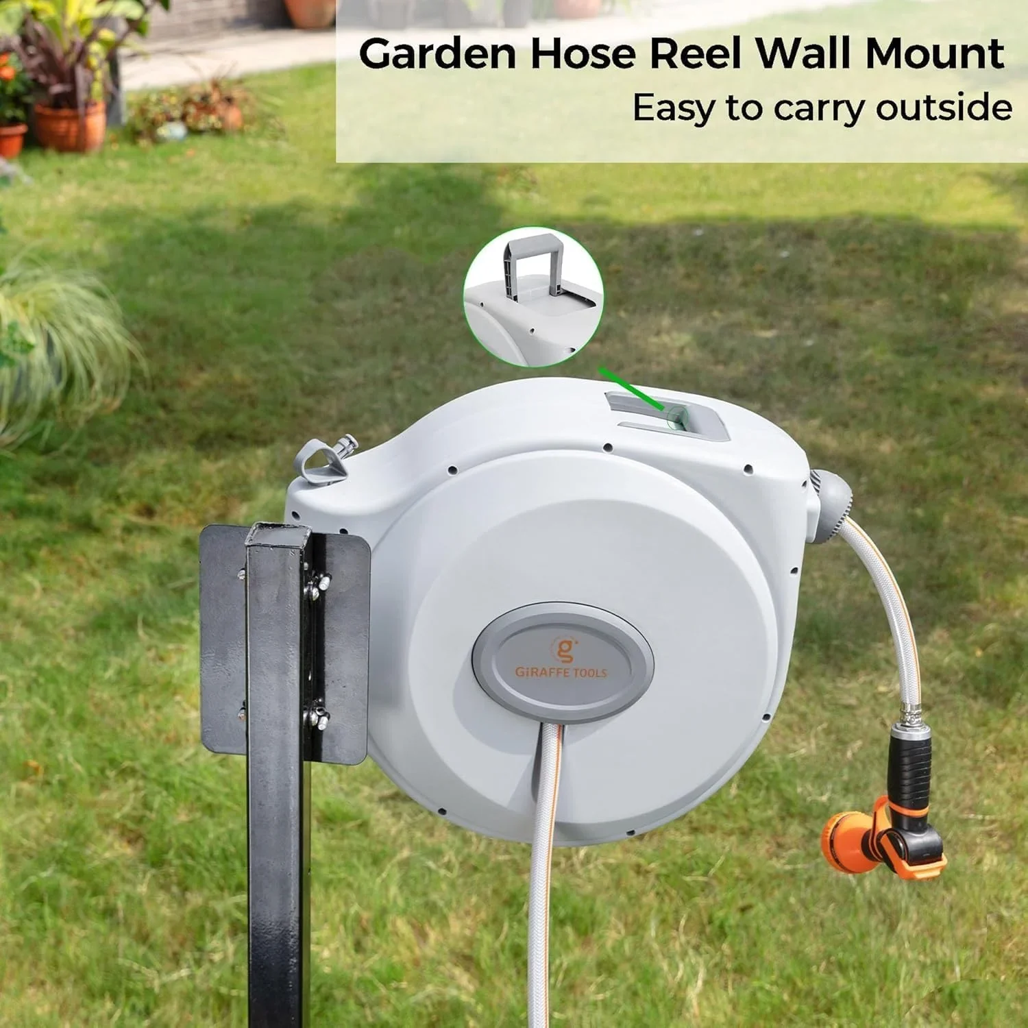 Giraffe Tools Retractable Garden Hose Reel with 1/2in-100ft Water Hose, Plastic Bracket, Wall Mounted, Dark Grey